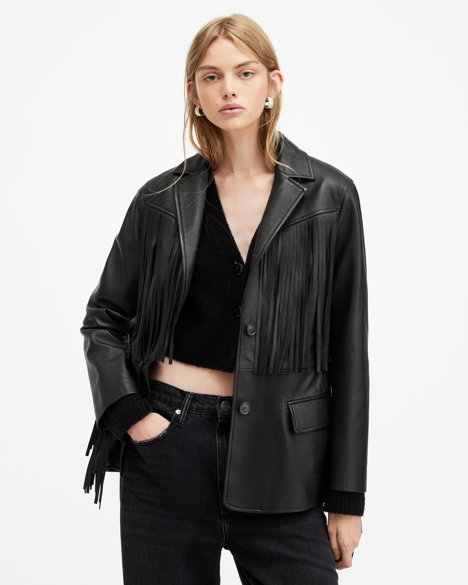 AllSaints Corinna Tassel Leather Blazer,, Black