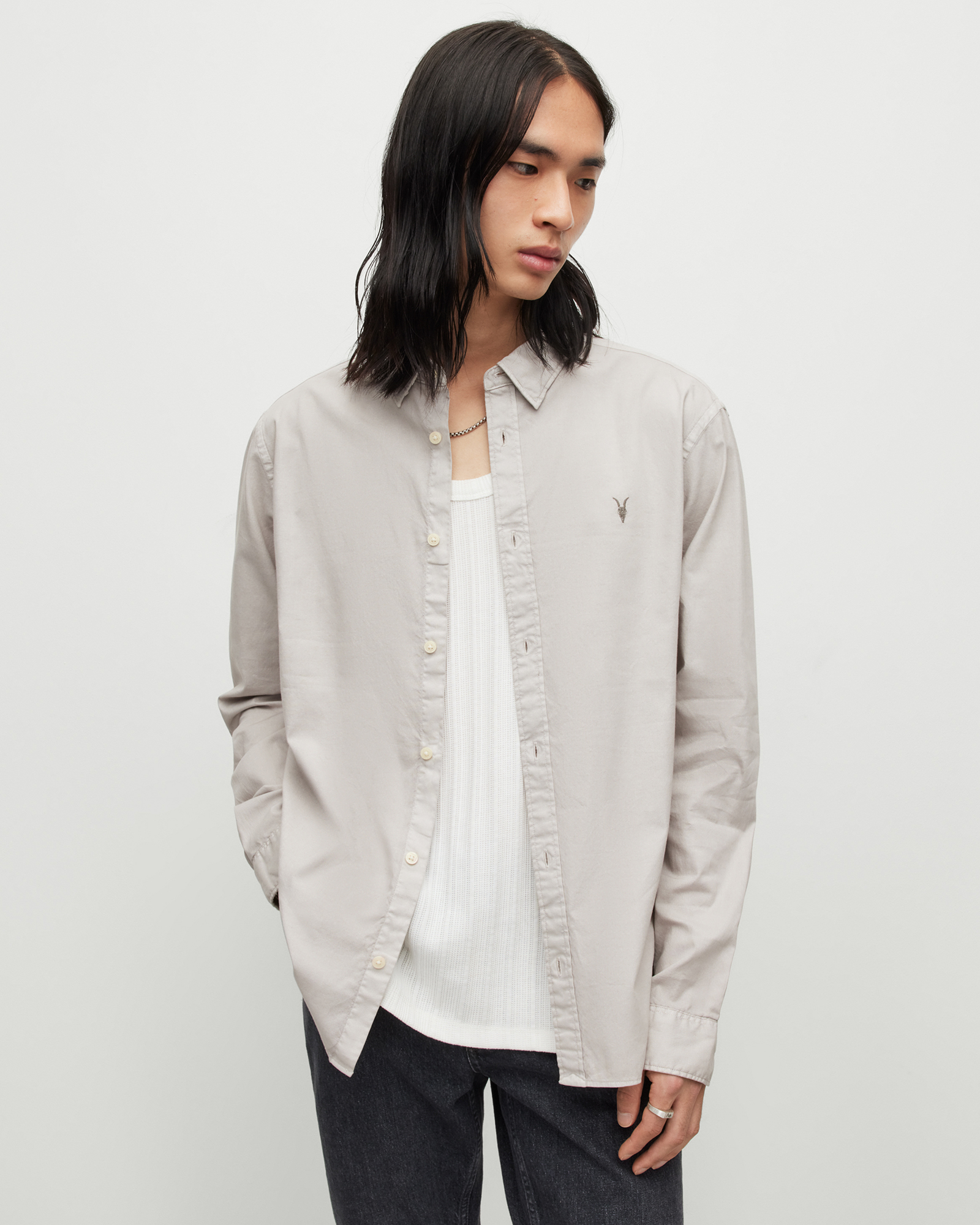 Allsaints Hawthorne Ramskull Stretch Fit Shirt In Ashed Purple