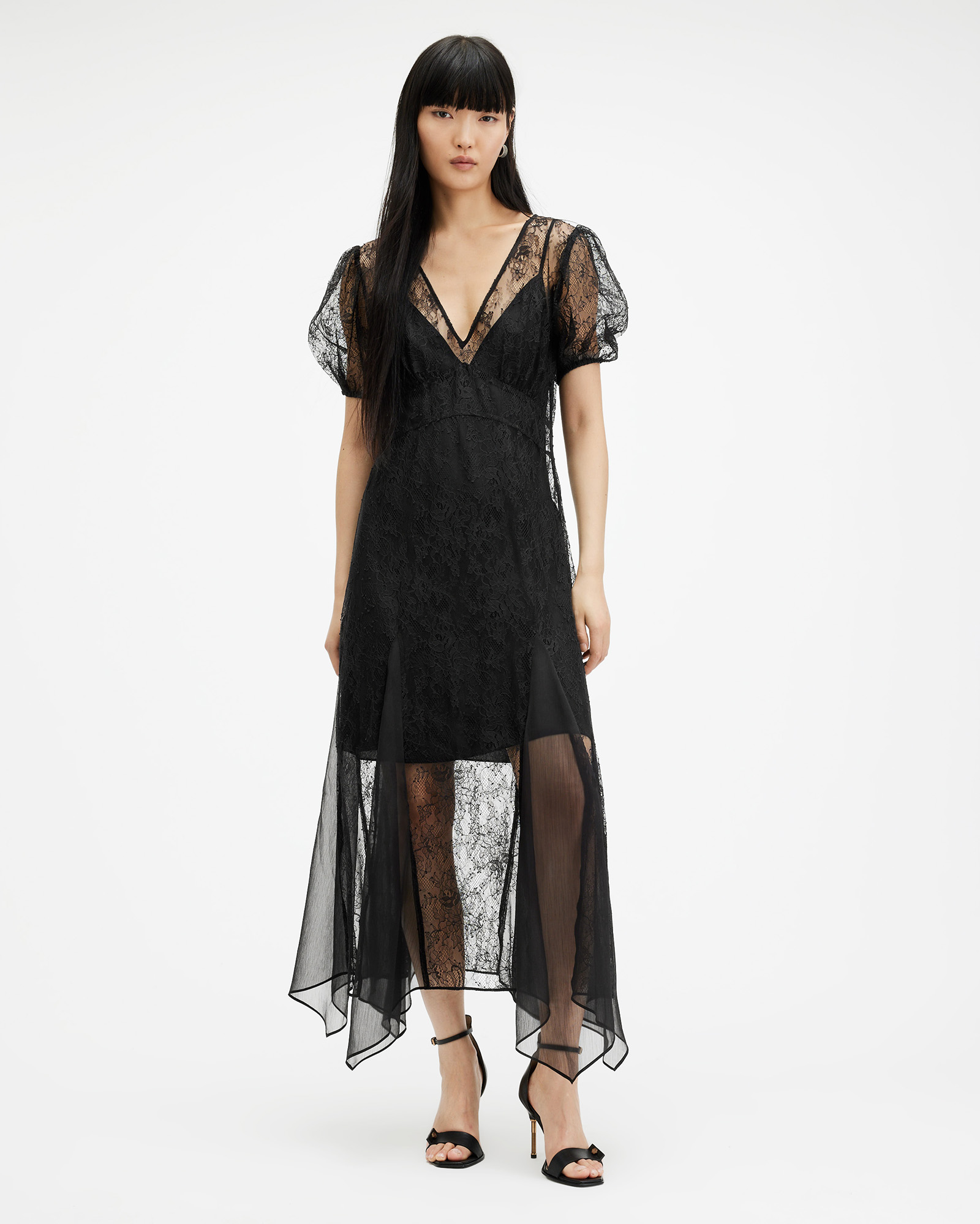 AllSaints Rayna V-Neck Lace Maxi Dress,, Black, Size: UK