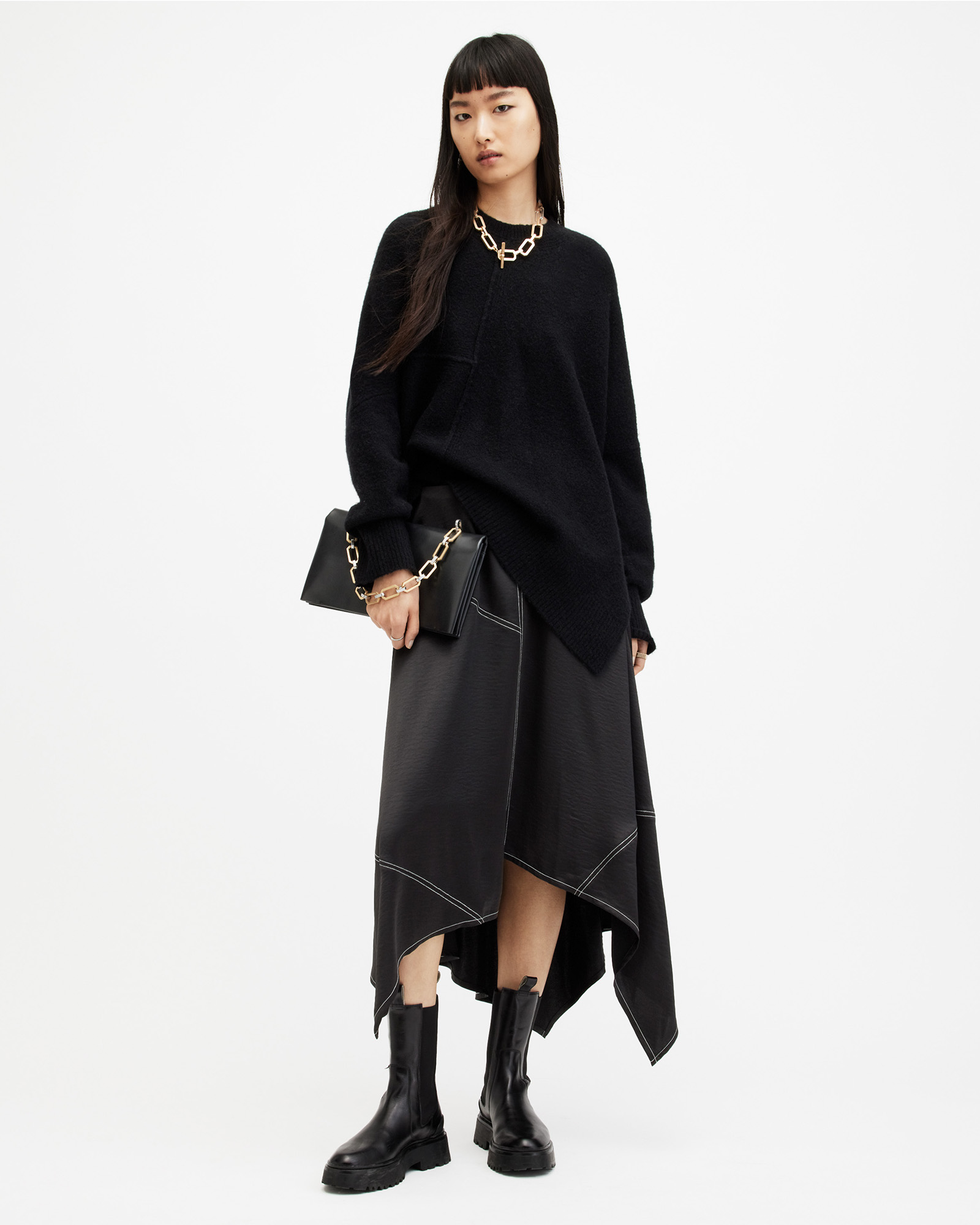AllSaints Agnes Panelled Asymmetric Maxi Skirt,, Black