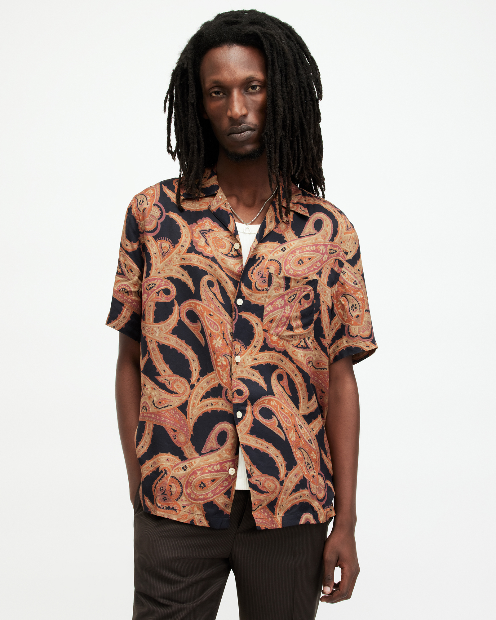 Allsaints Morganza Paisley Print Relaxed Fit Shirt In Black/beige