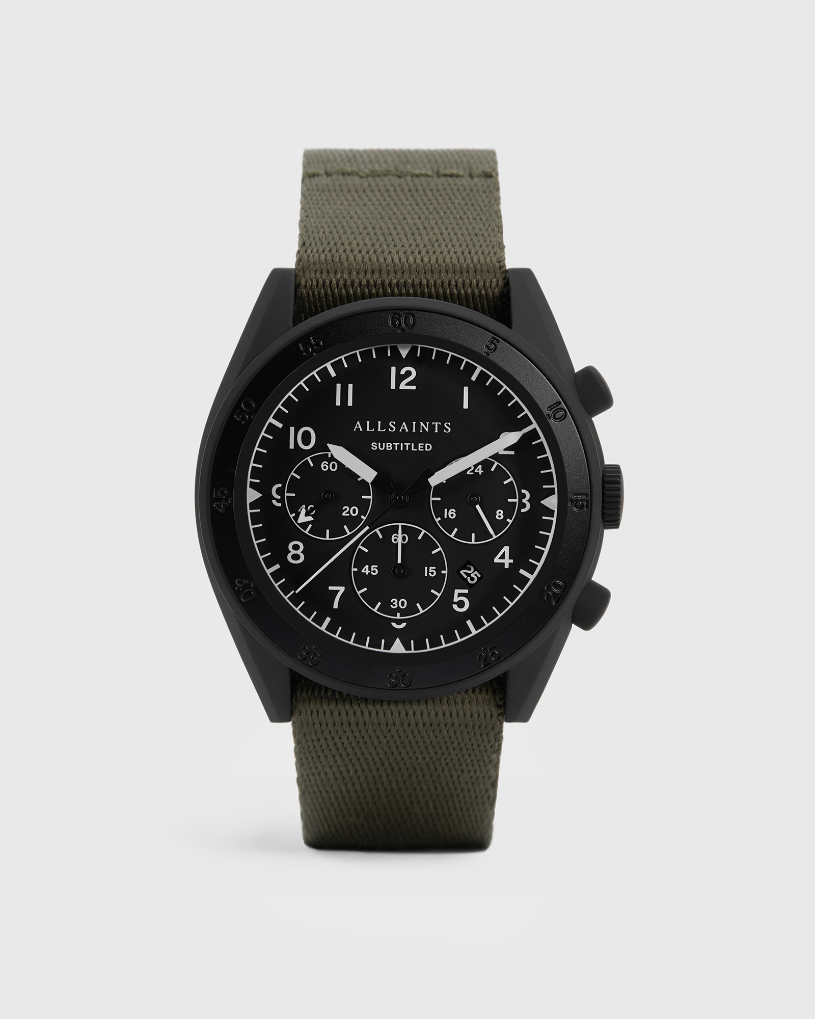 AllSaints Men's Subtitled I Matte Black Stainless Steel and Military Green Nylon Watch