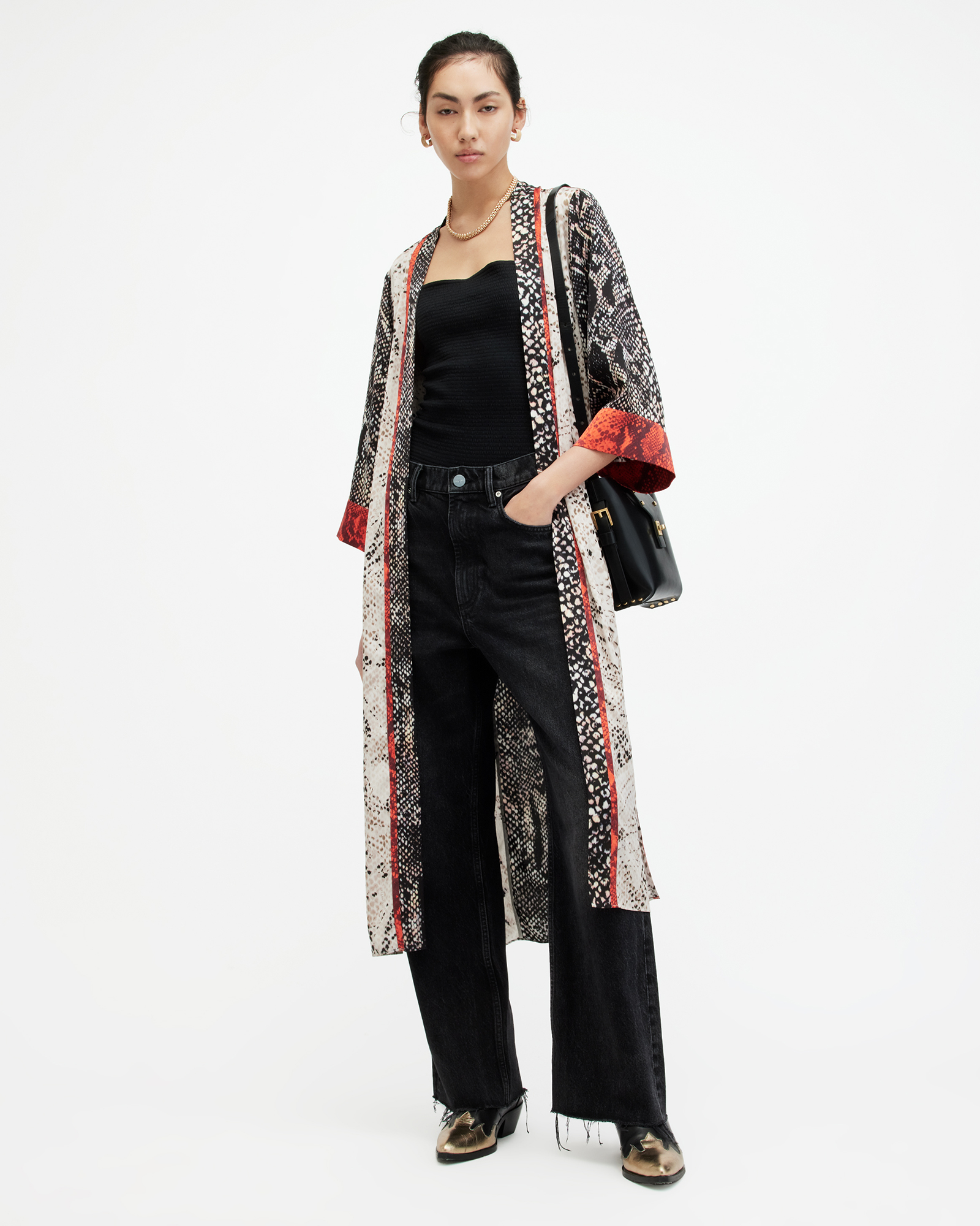 AllSaints Casa Waima Snake Print Long Line Kimono,, Black/Multi