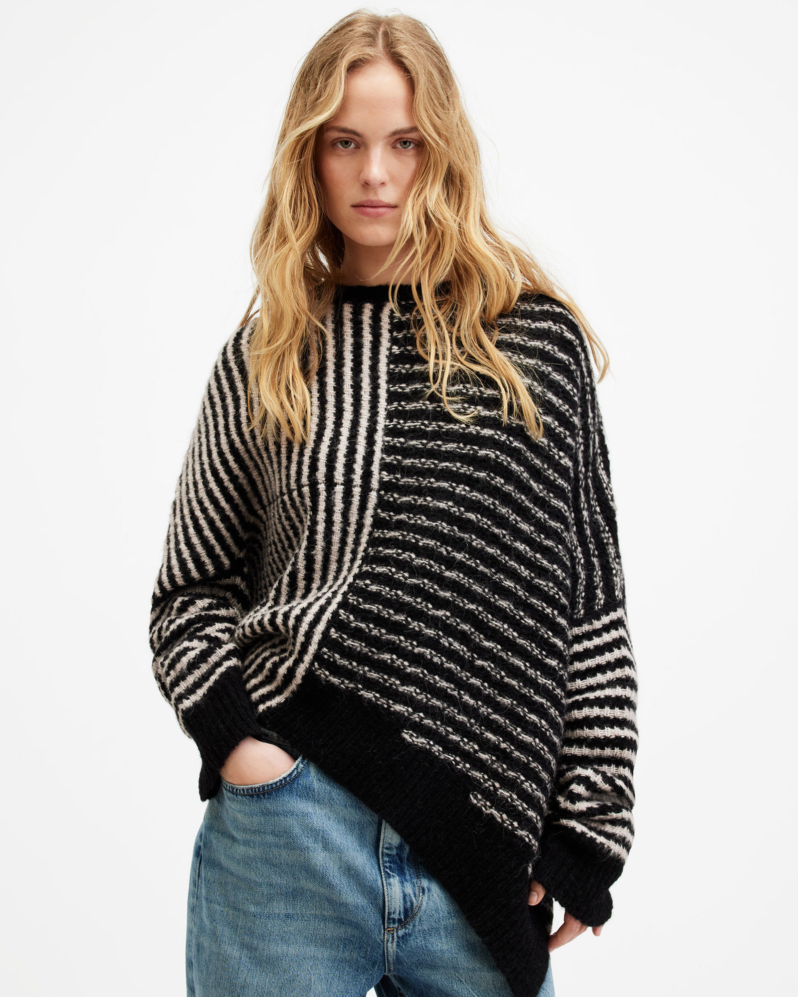 AllSaints Selina Striped Asymmetric Hem Sweater