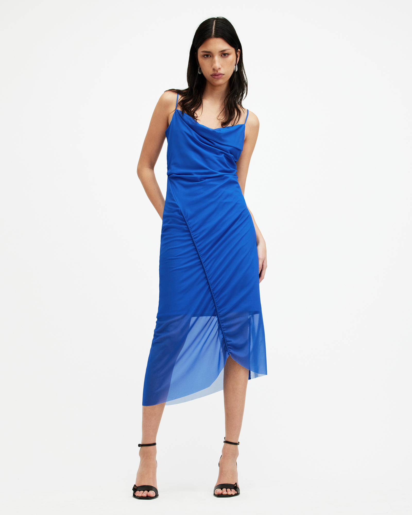 AllSaints Ulla Mesh Draped Midi Dress,, ELECTRIC BLUE