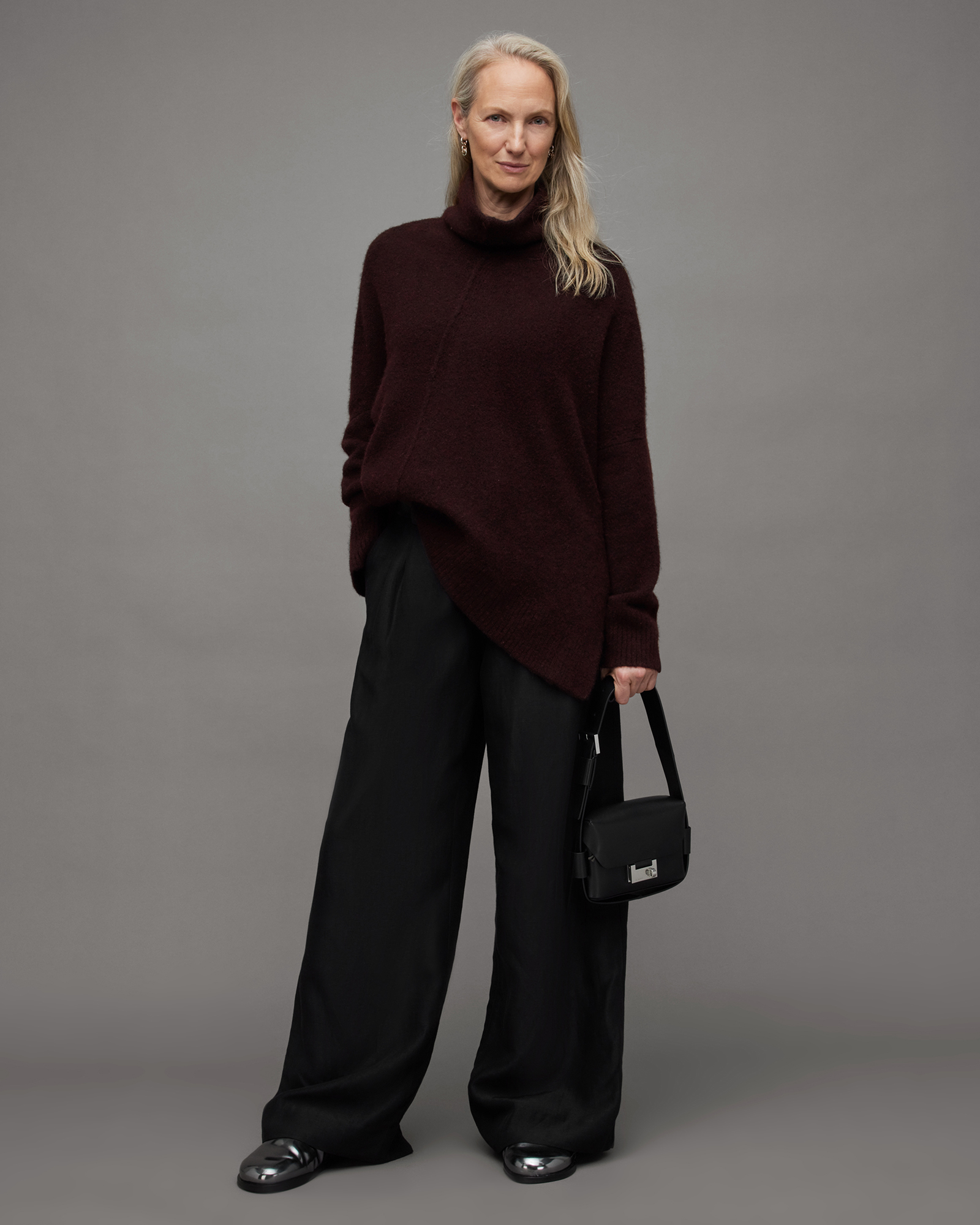 Allsaints Lock Roll Neck Relaxed Fit Jumper In Raisin Red