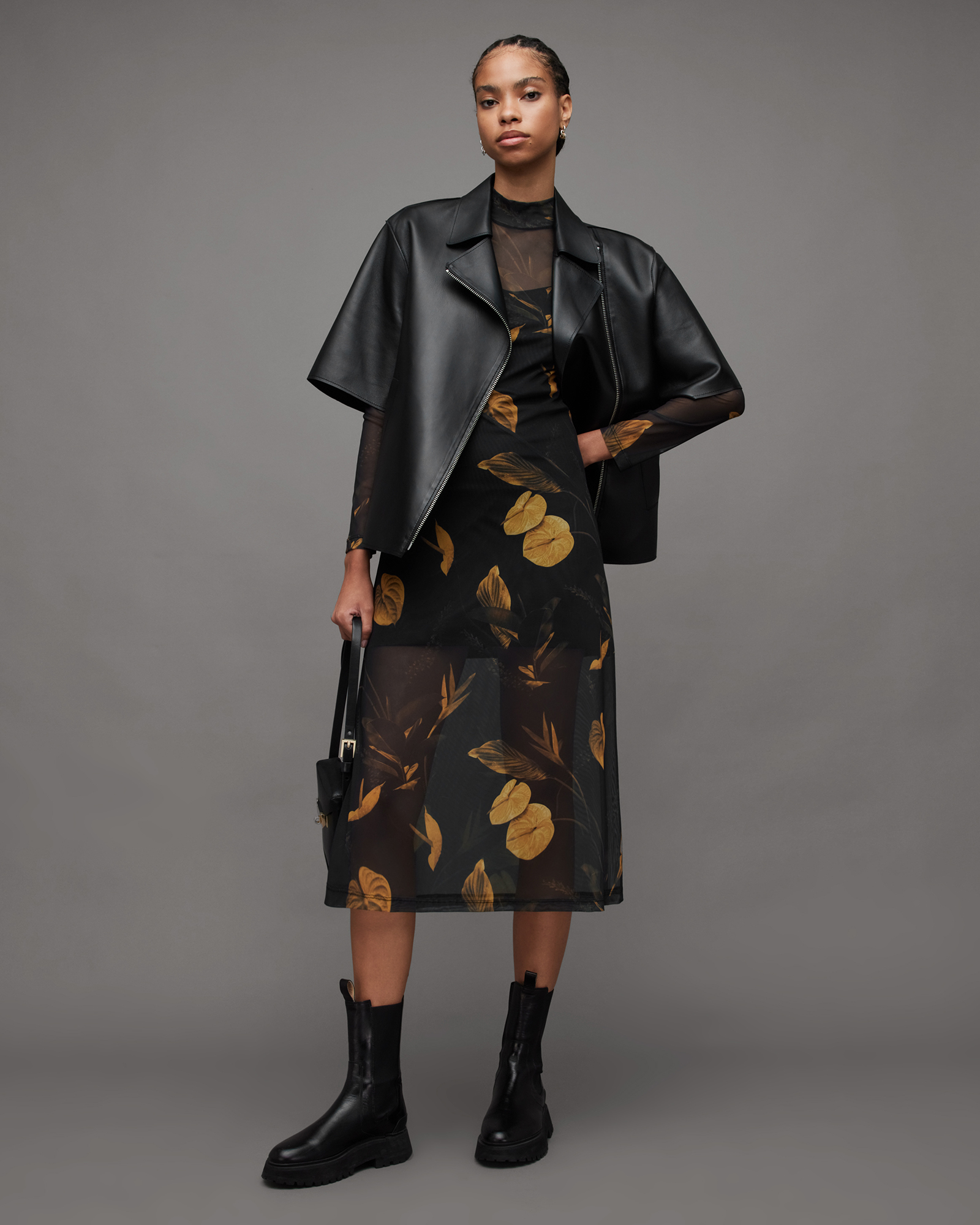 Hanna Aretha Mesh Printed Midi Dress BLACK/GOLD | ALLSAINTS US