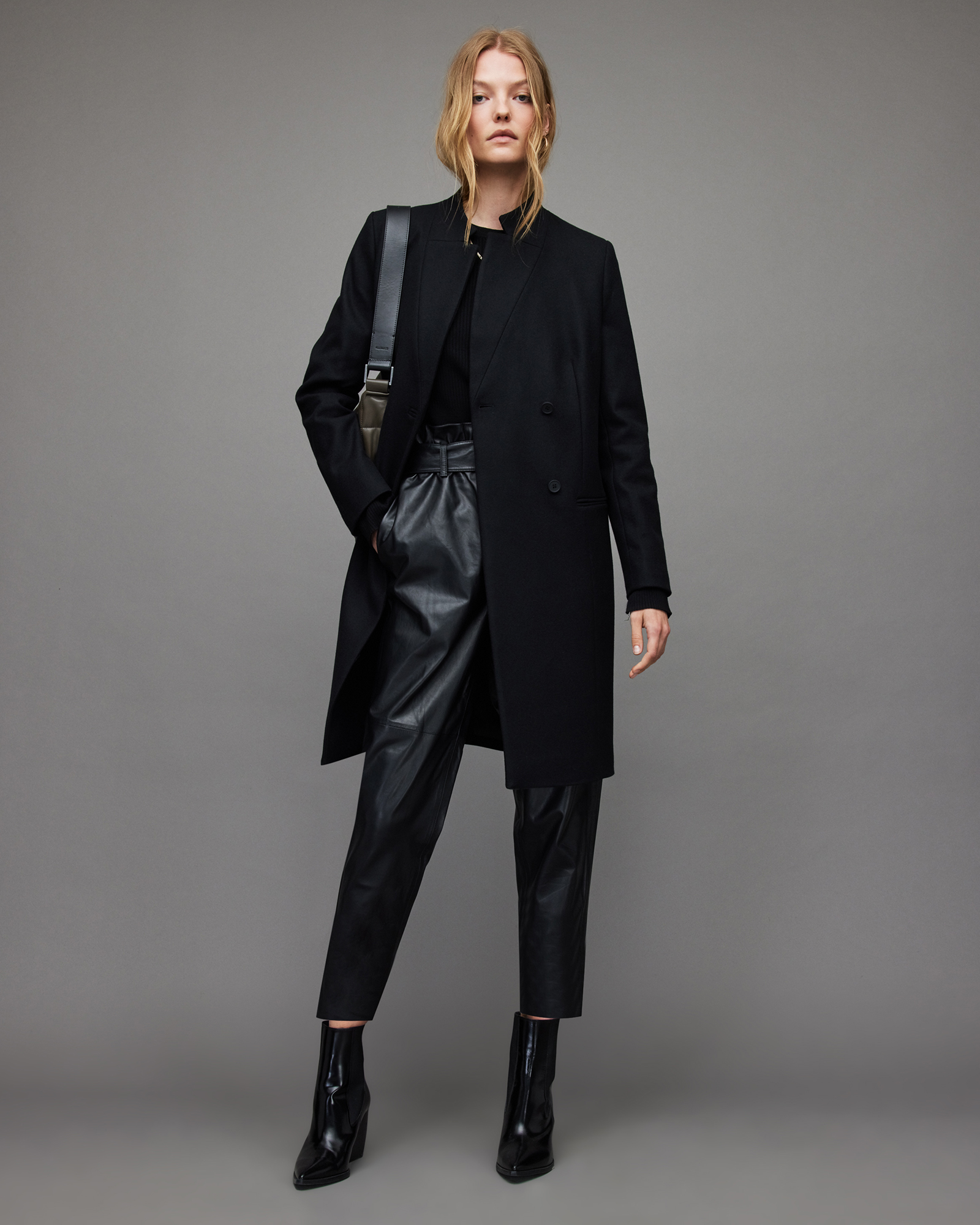 AllSaints Women's Recycled Wool Cashmere Blend Sidney Coat, Black