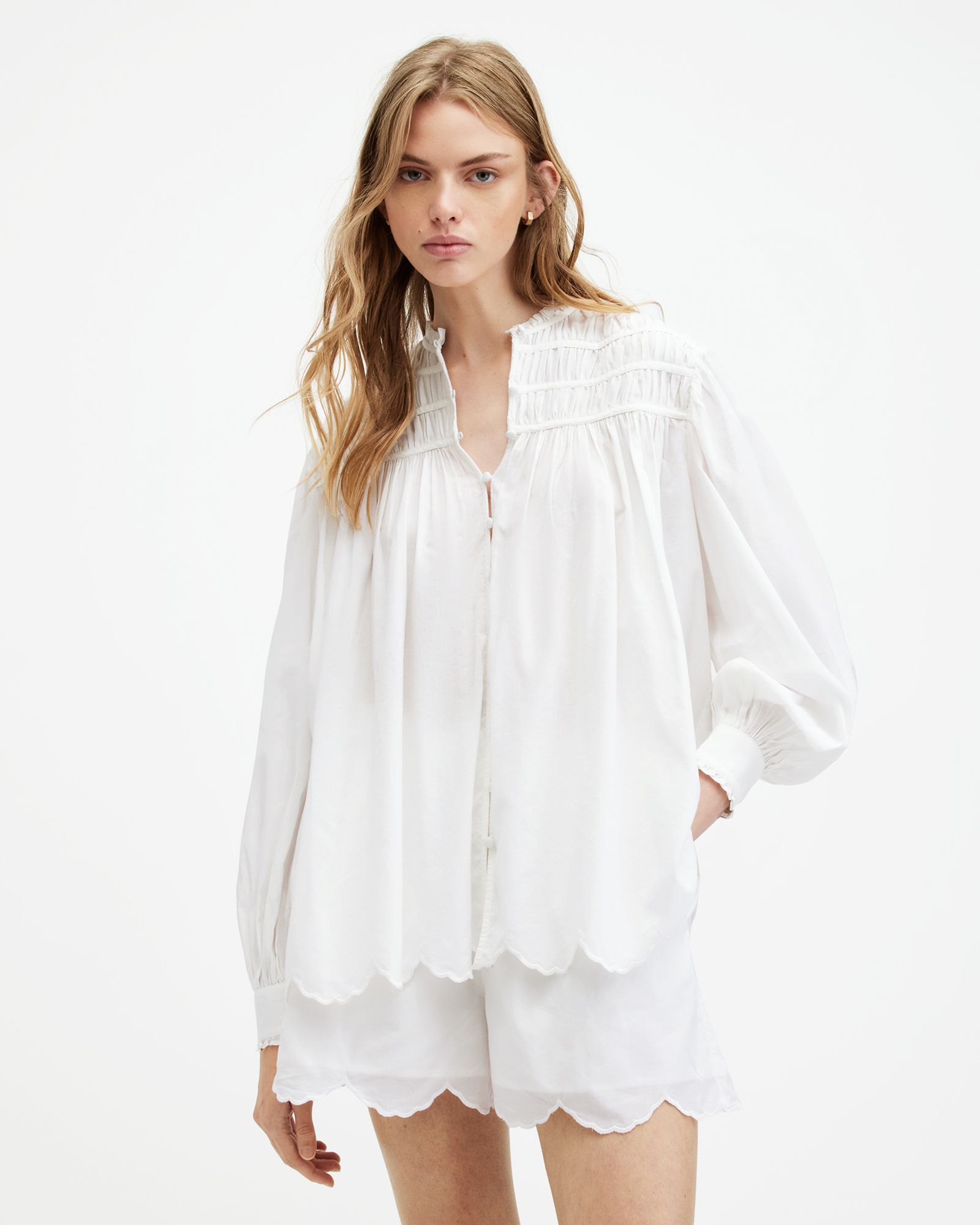 Shop Allsaints Etti Relaxed Fit Scallop Edge Shirt, In Off White