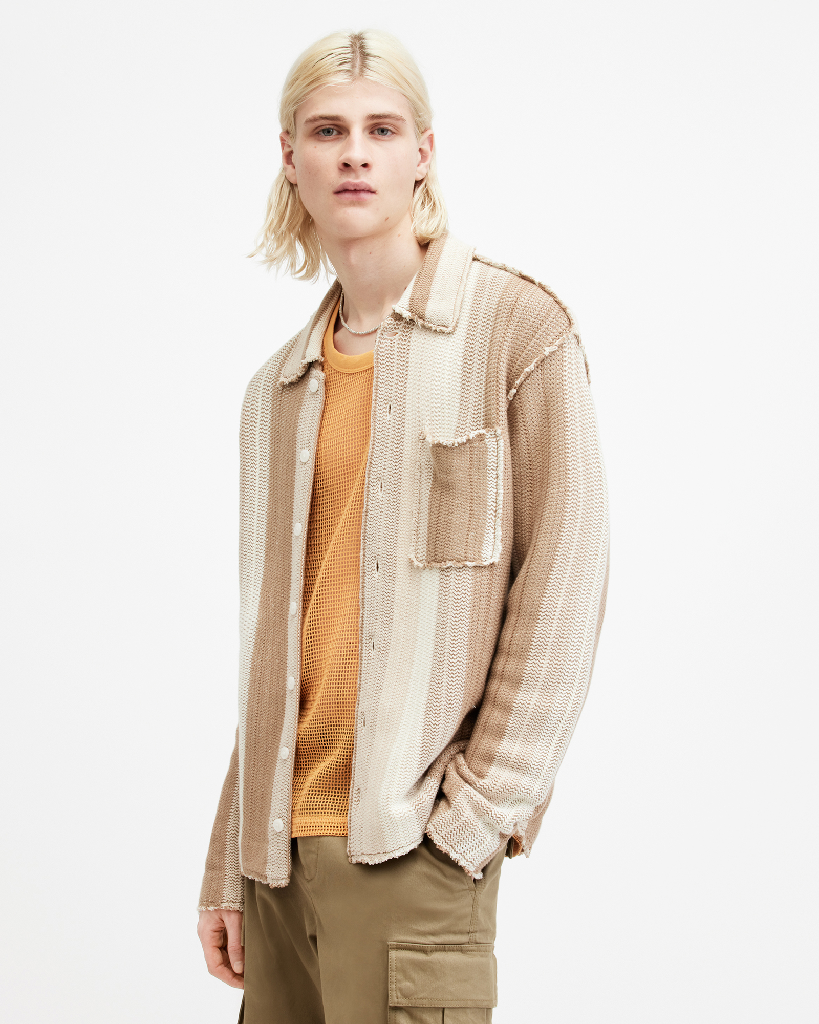 Shop Allsaints Truck Striped Cardigan In Dust Taupe