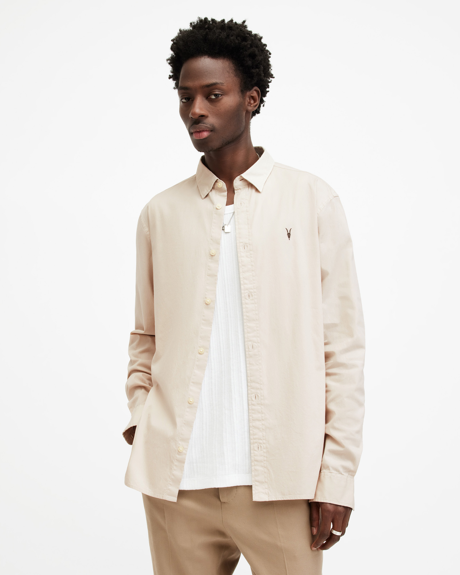 Shop Allsaints Hawthorne Ramskull Stretch Fit Shirt In Bailey Taupe