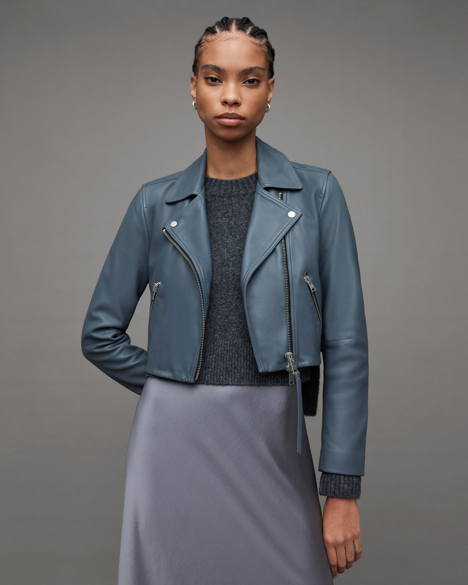 Dalby Slim Cropped Leather Biker Jacket Slate Grey | ALLSAINTS US