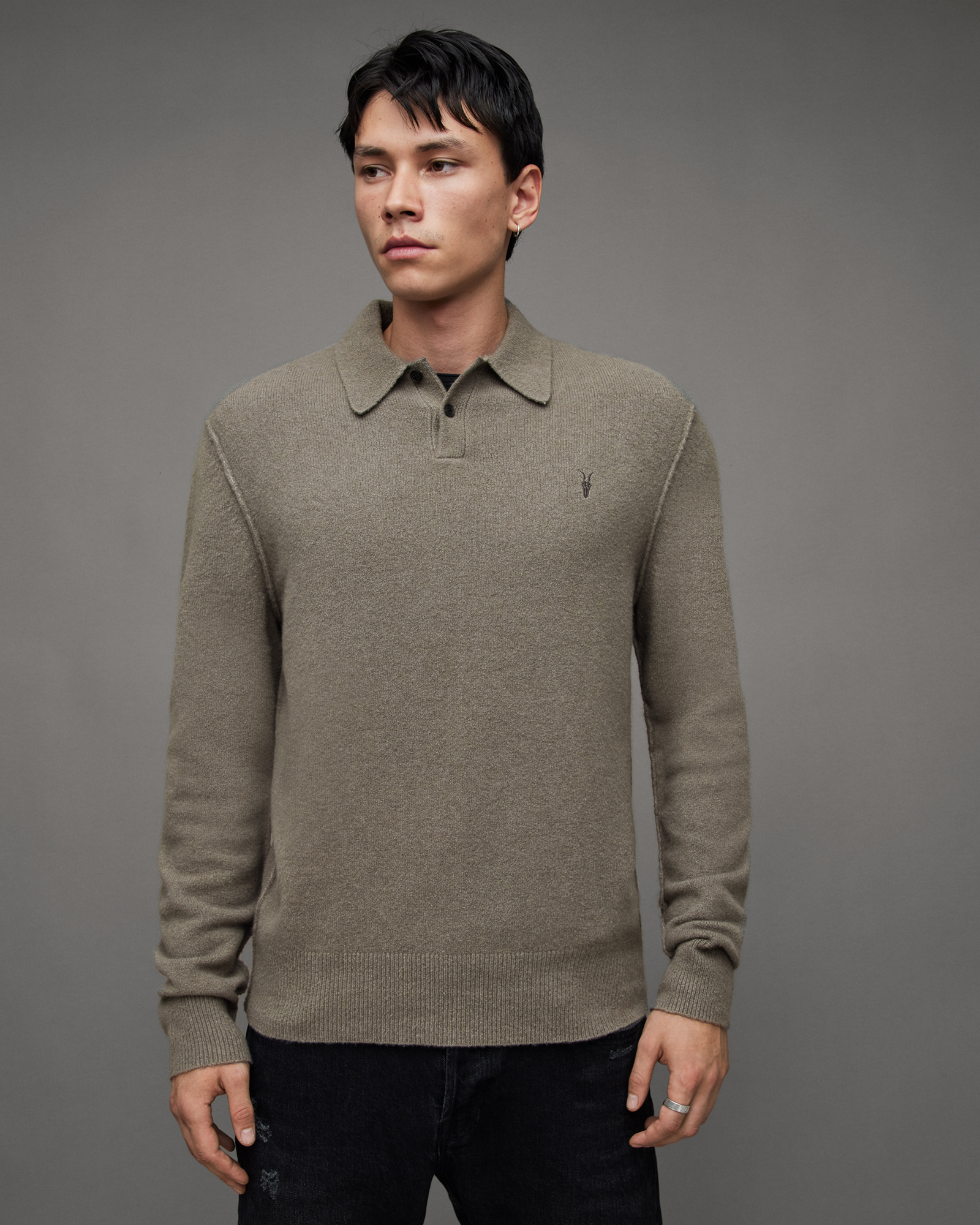 AllSaints Statten Long Sleeve Ramskull Polo Sweater