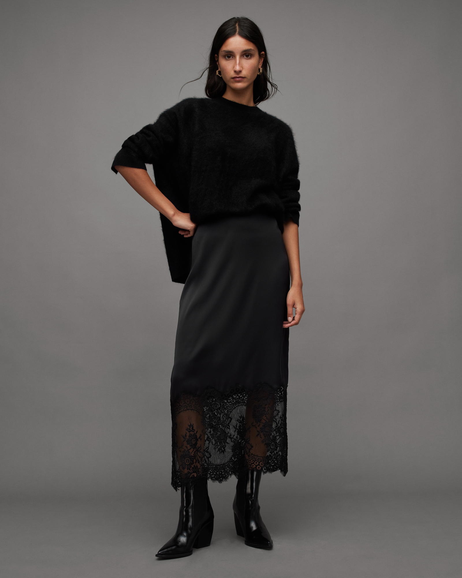 Allsaints Flora Lace Panel Midi Skirt In Black