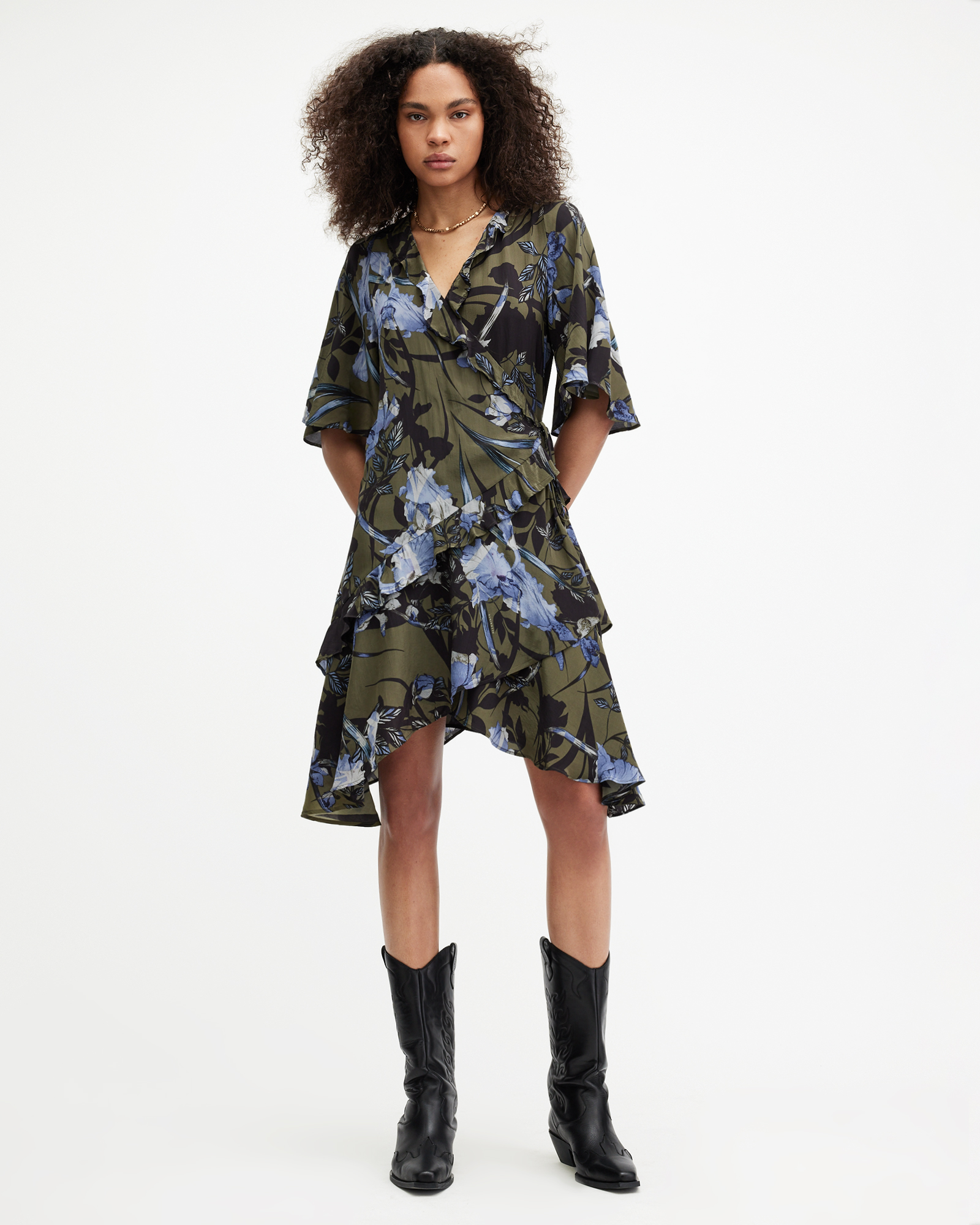 Shop Allsaints Meagan Batu Wrap Over Mini Dress In Deep Khaki Green