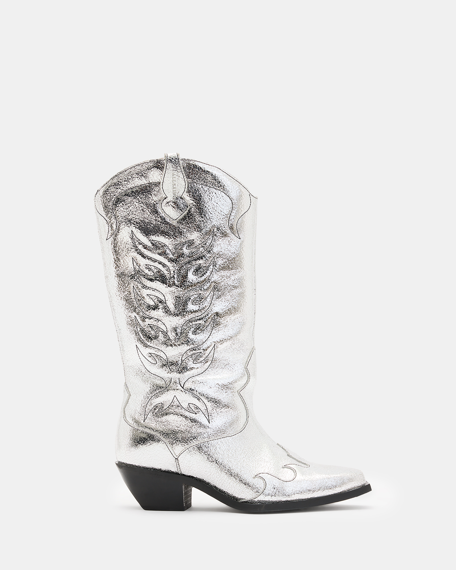 Shop Allsaints Dolly Western Metallic Leather Boots, In Metallic Silver