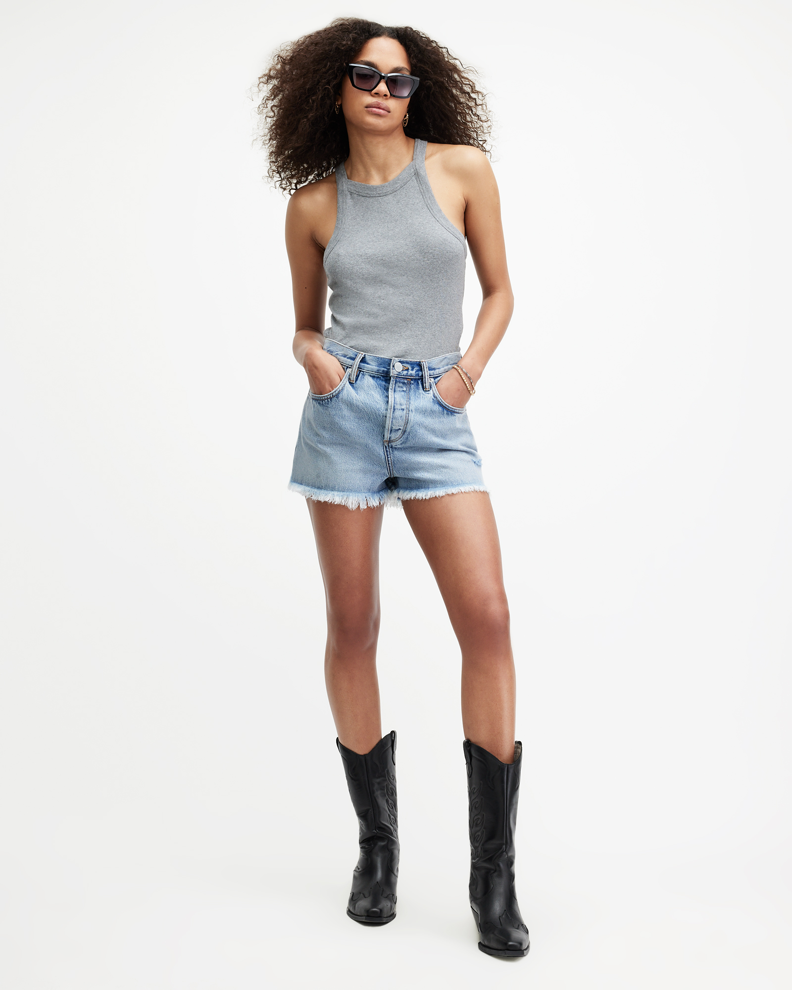 Shop Allsaints Heidi High Rise Distressed Denim Shorts In Light Indigo