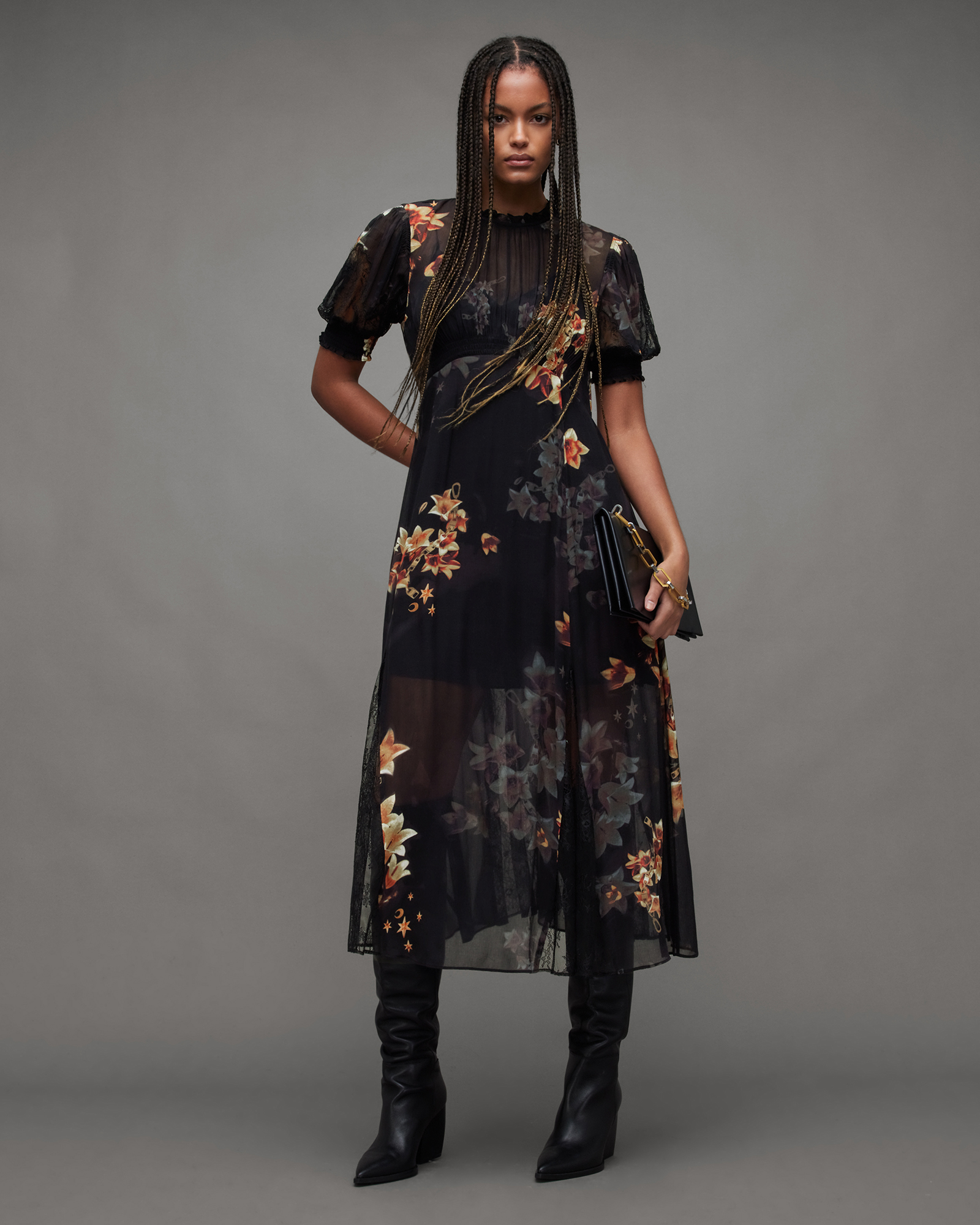 Laverna Floral Lace Trim Maxi Dress Black | ALLSAINTS US