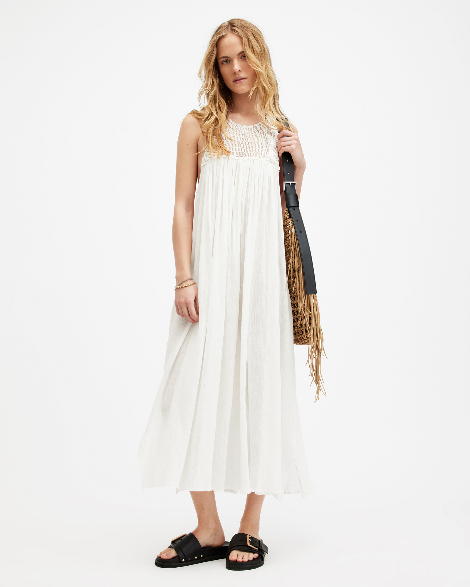 Shop Allsaints Corrs Crochet Maxi Dress In Chalk White