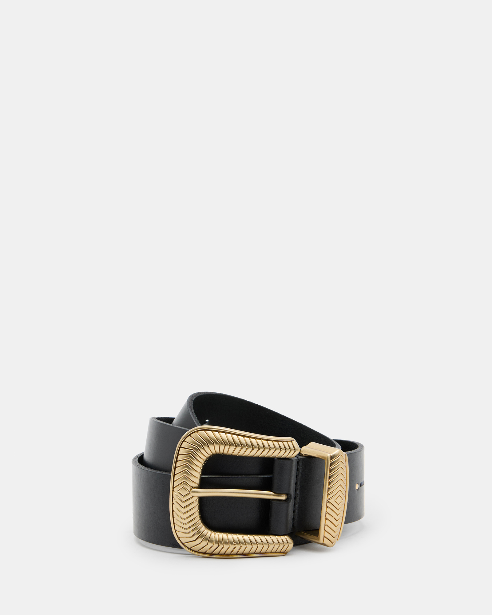 Shop Allsaints Skylar Western Buckle Leather Belt In Black/warm Brass