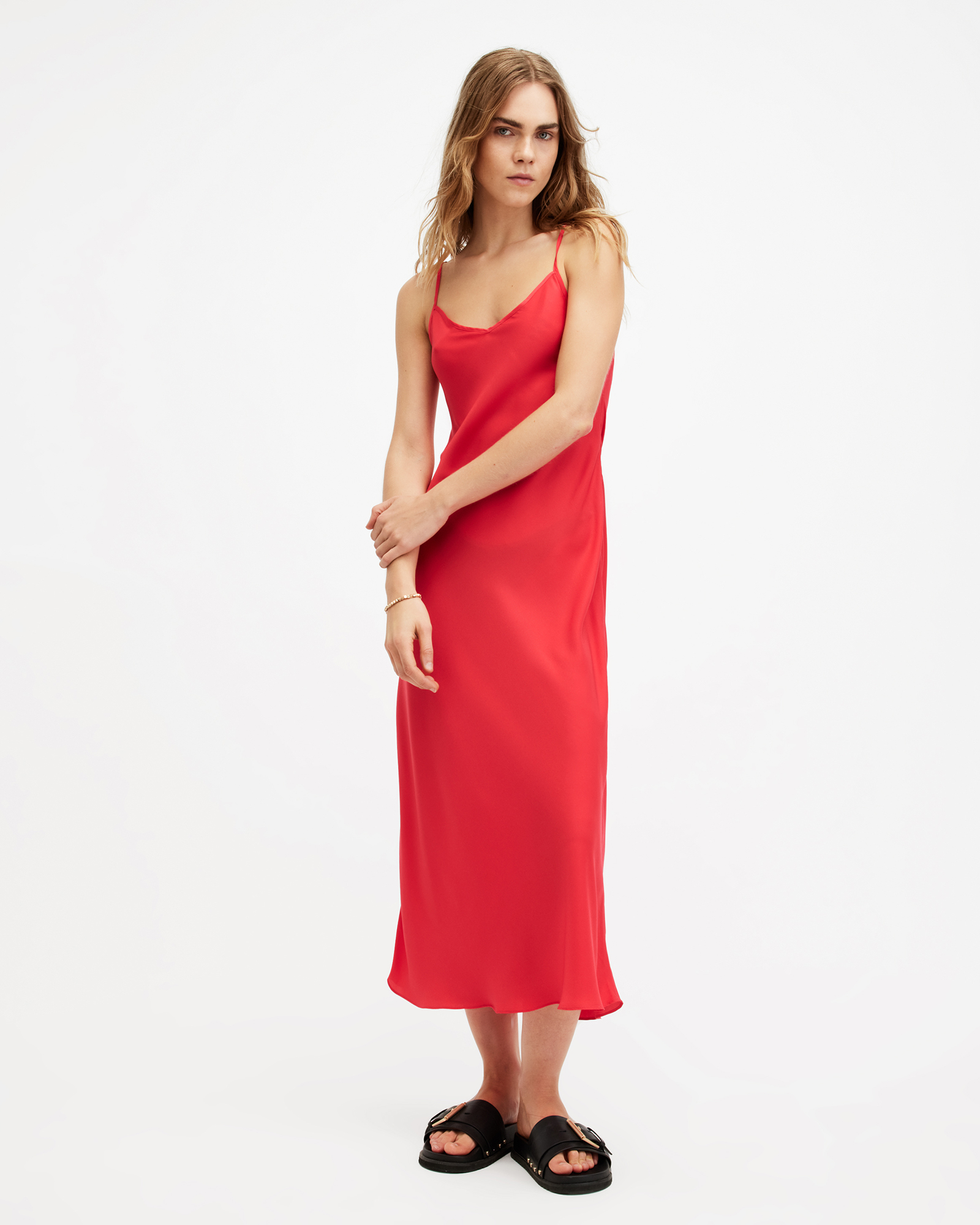 Shop Allsaints Bryony V-neck Midi Slip Dress In Red