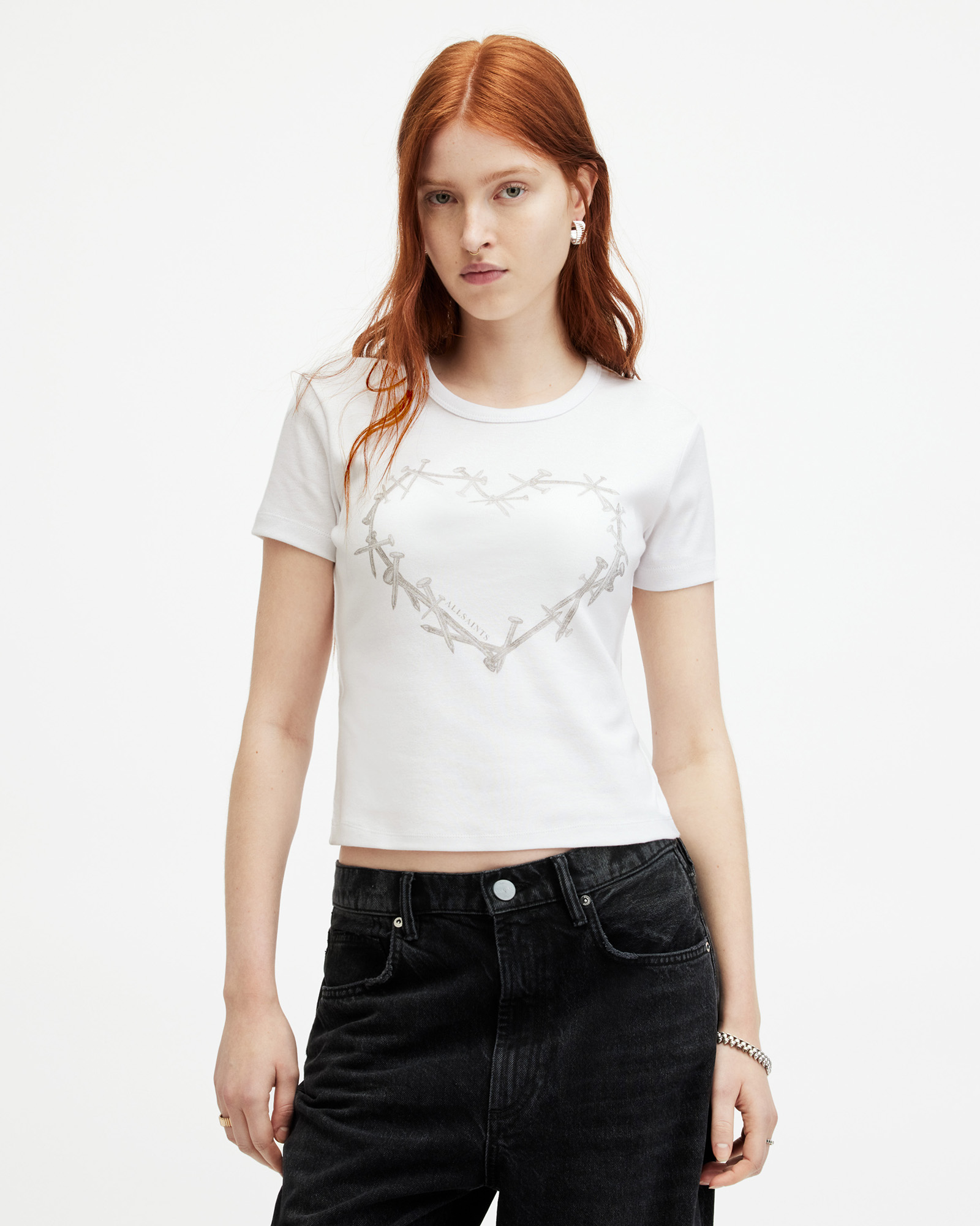 AllSaints Perta Metallic Printed Stevie T-Shirt,, Optic White
