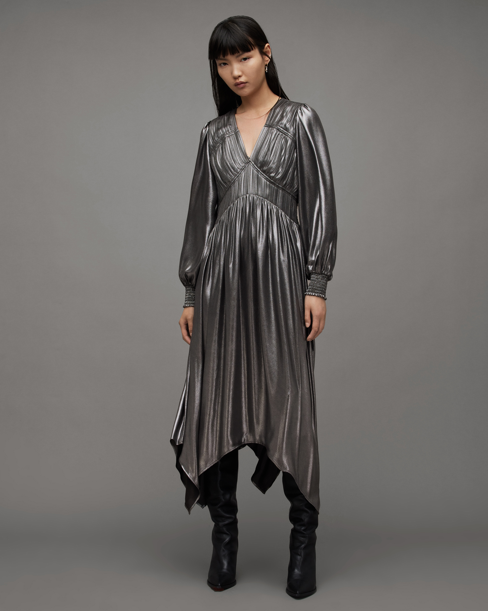 Estelle Metallic Asymmetric Midi Dress Gunmetal Grey | ALLSAINTS US