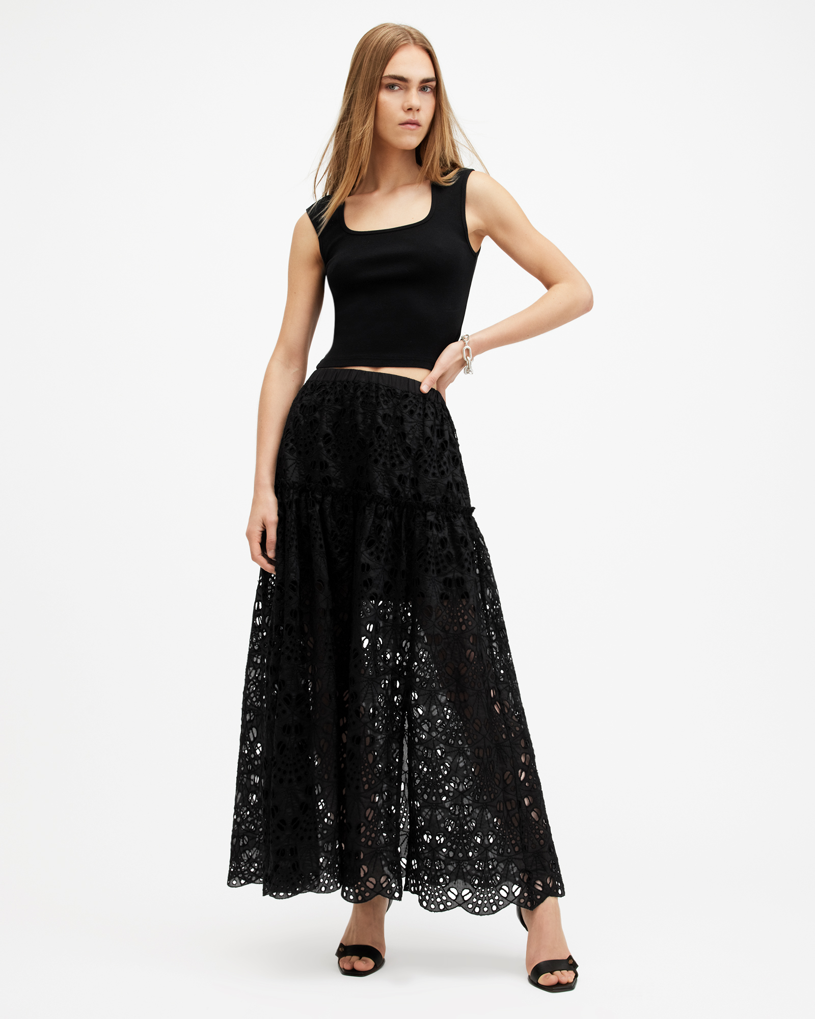 Shop Allsaints Rosie Broderie Midi Skirt, In Black