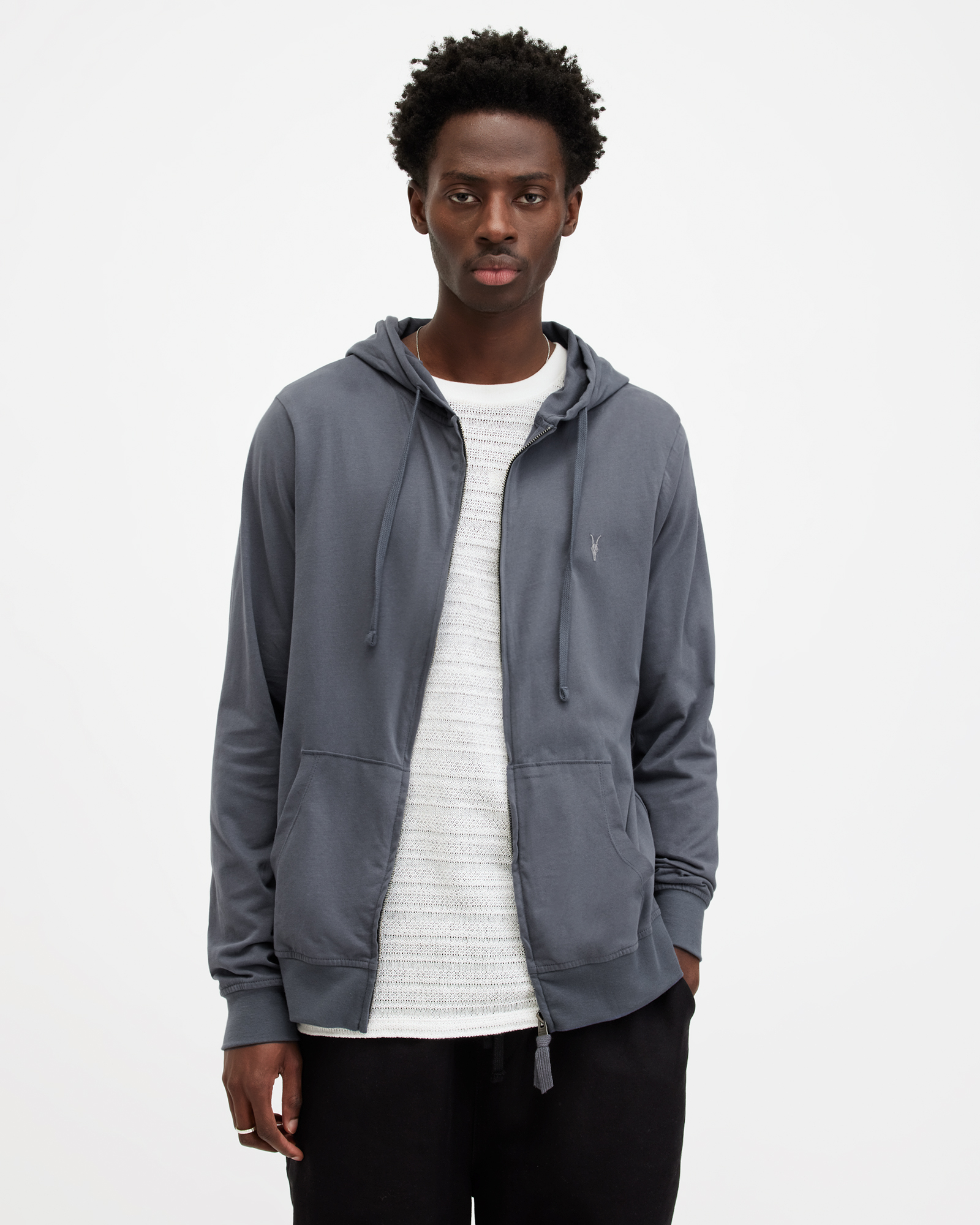 Shop Allsaints Brace Zip Up Brushed Cotton Hoodie In Workers Blue