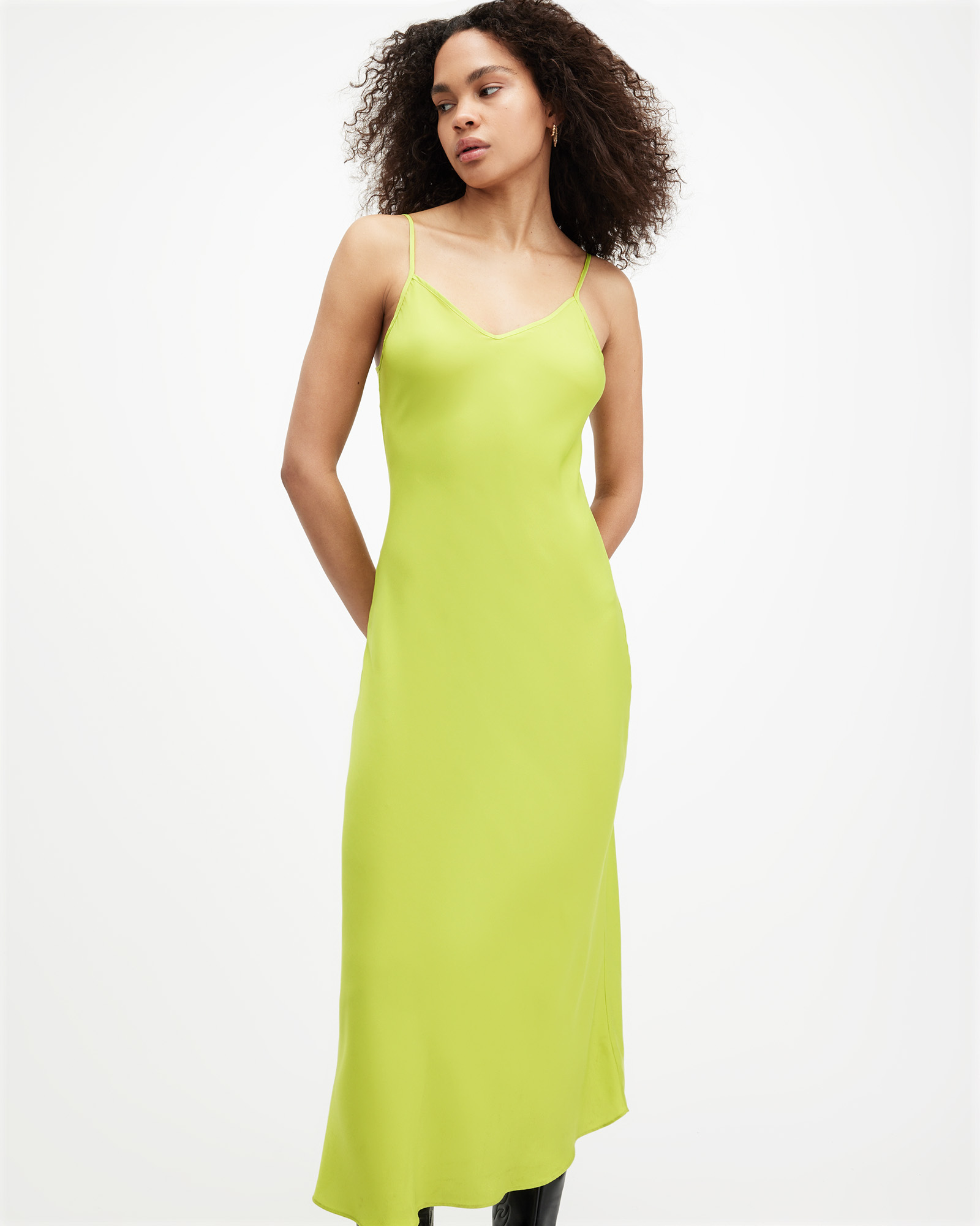 Shop Allsaints Bryony V-neck Midi Slip Dress In Zest Lime Green