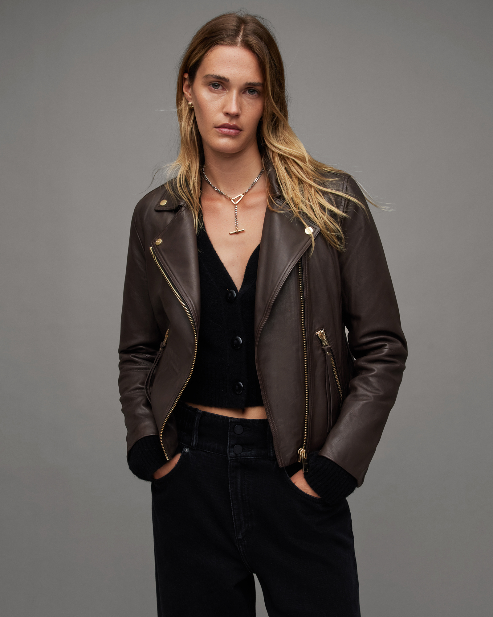 Dalby Slim Fit Leather Jacket Biker COGNAC BROWN | ALLSAINTS US
