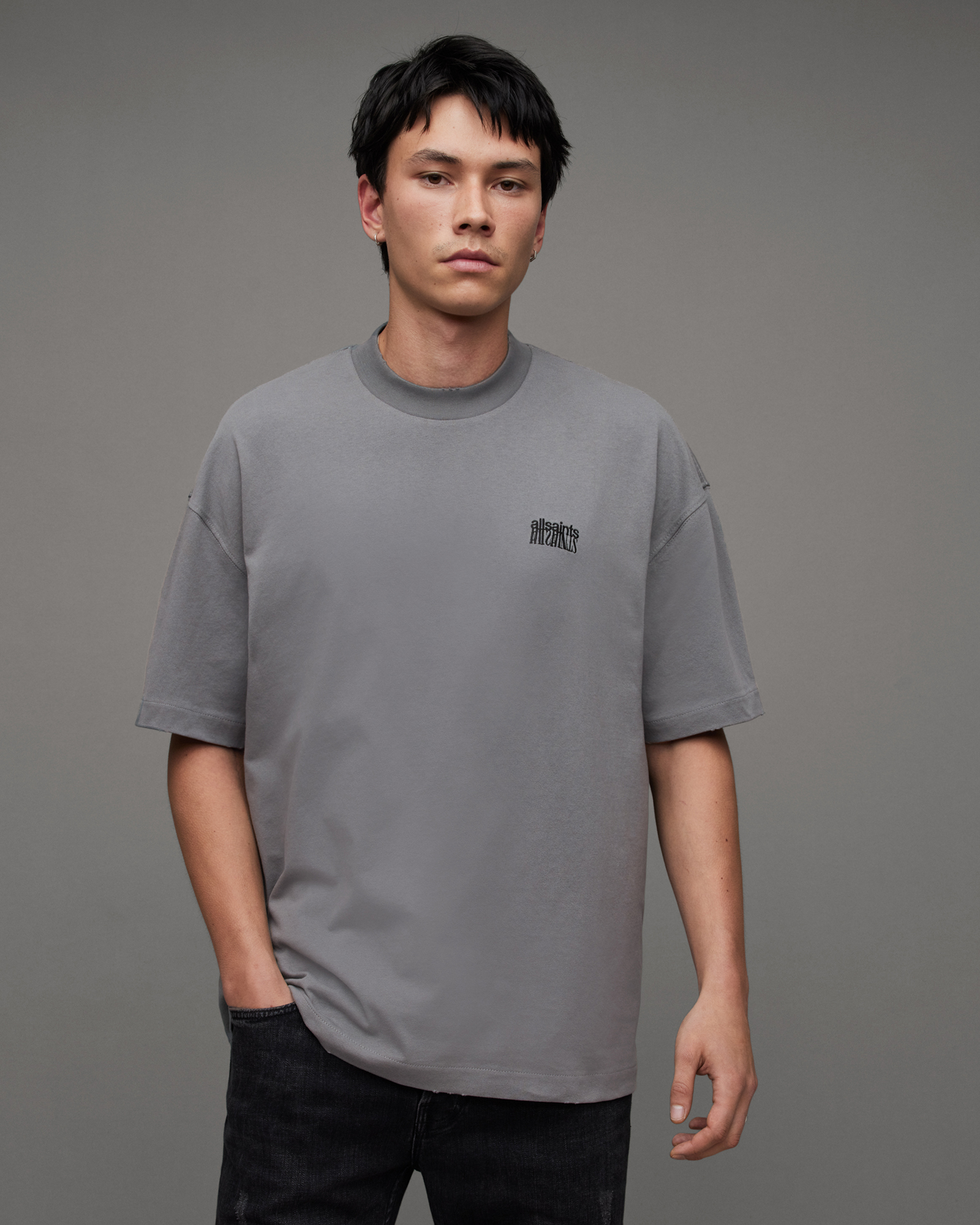Jaxon Oversized Embroidered Crew T-Shirt Metallic Grey | ALLSAINTS US
