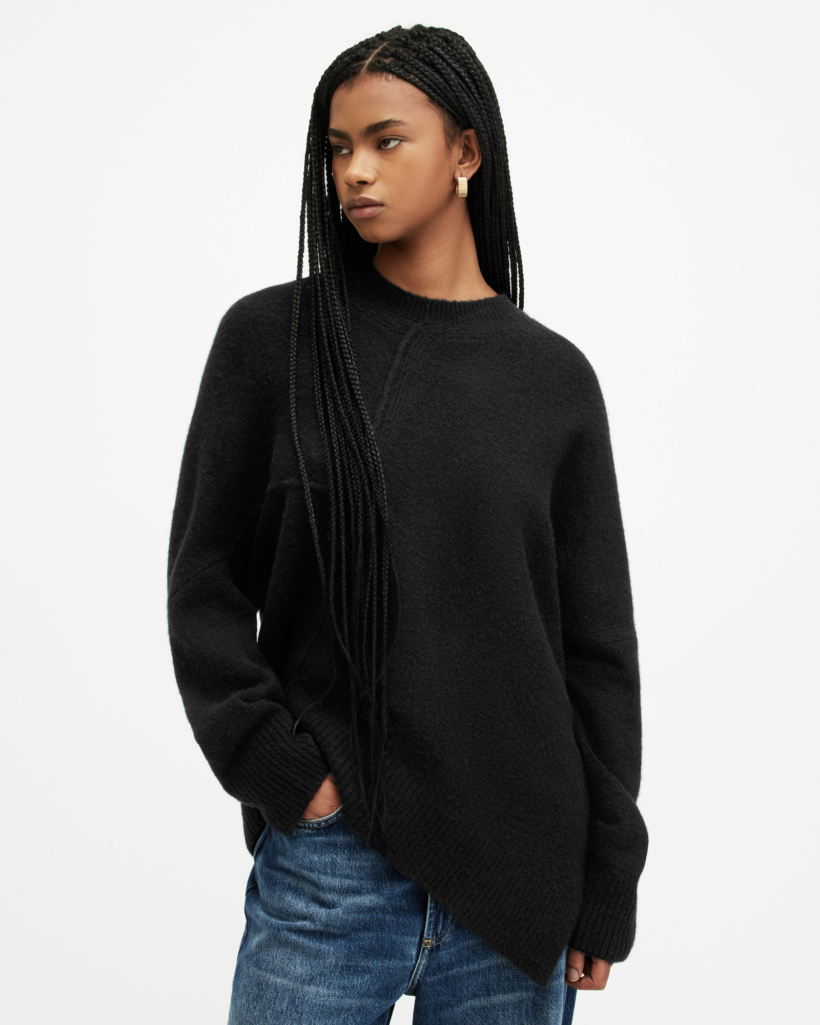 Shop Allsaints Lock Crew Neck Asymmetric Sweater In Black
