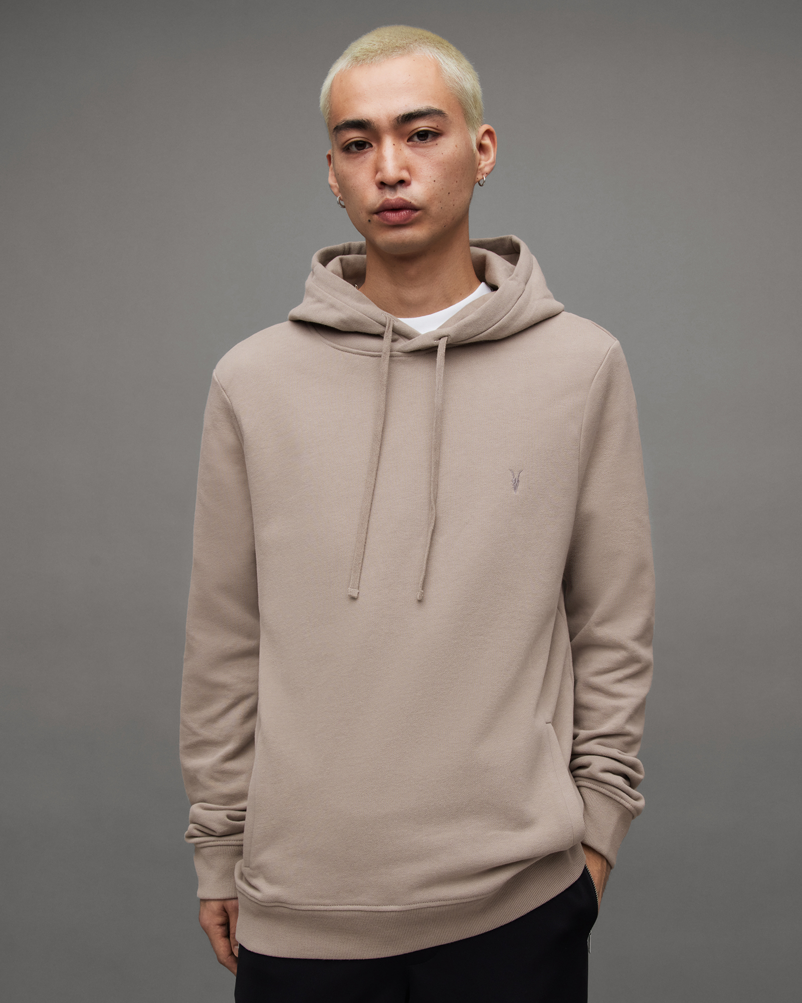 Allsaints Raven Pullover Ramskull Hoodie In Stone Taupe