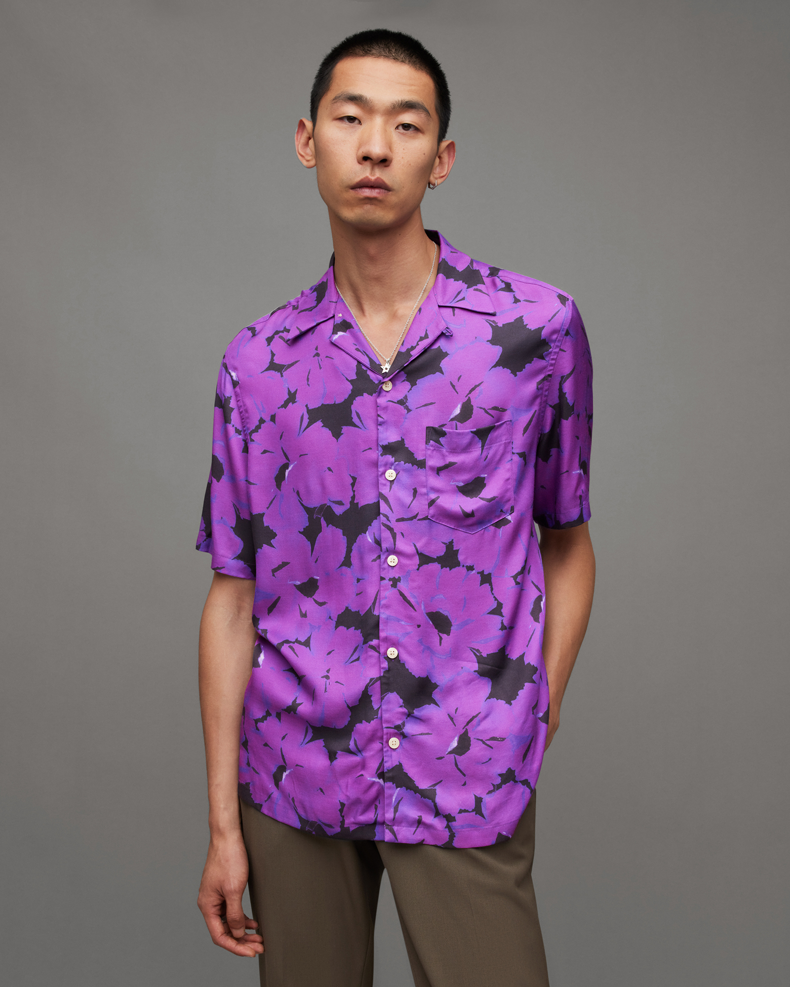 Shop Allsaints Kaza Floral Print Relaxed Fit Shirt In Electric Purple
