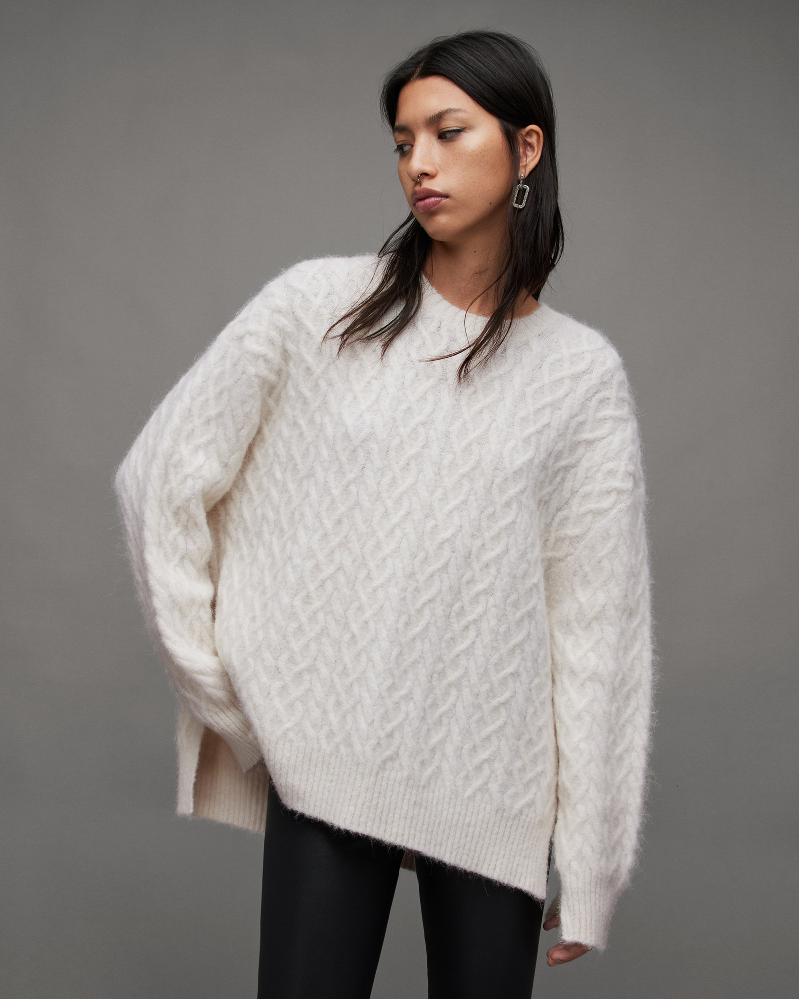 Sirius Cable Knit Crew Neck Sweater Chalk White | ALLSAINTS US