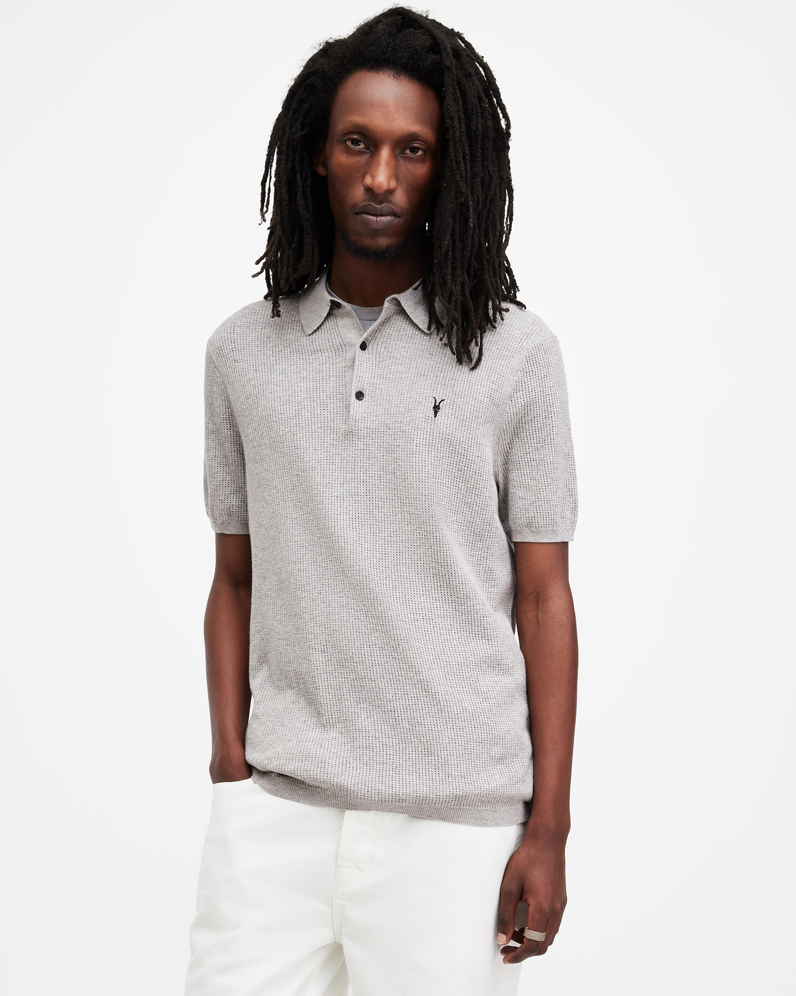 Shop Allsaints Aubrey Ramskull Short Sleeve Polo Shirt, In Grey Marl