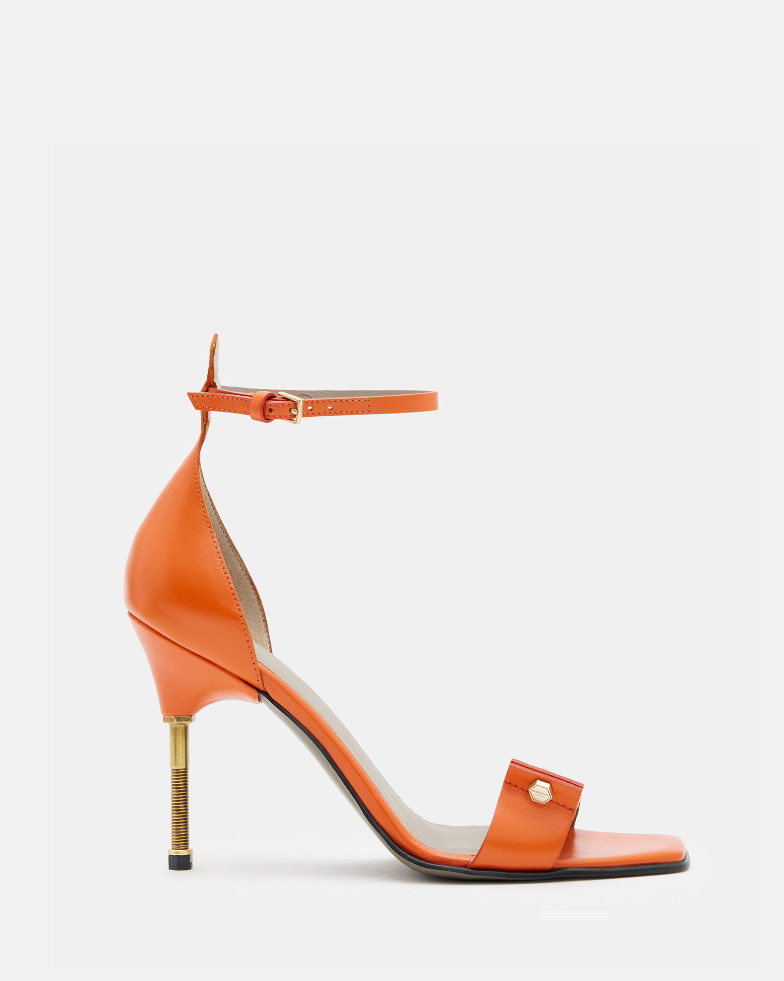 Allsaints Betty Square Toe Leather Heeled Sandals In Zesty Orange