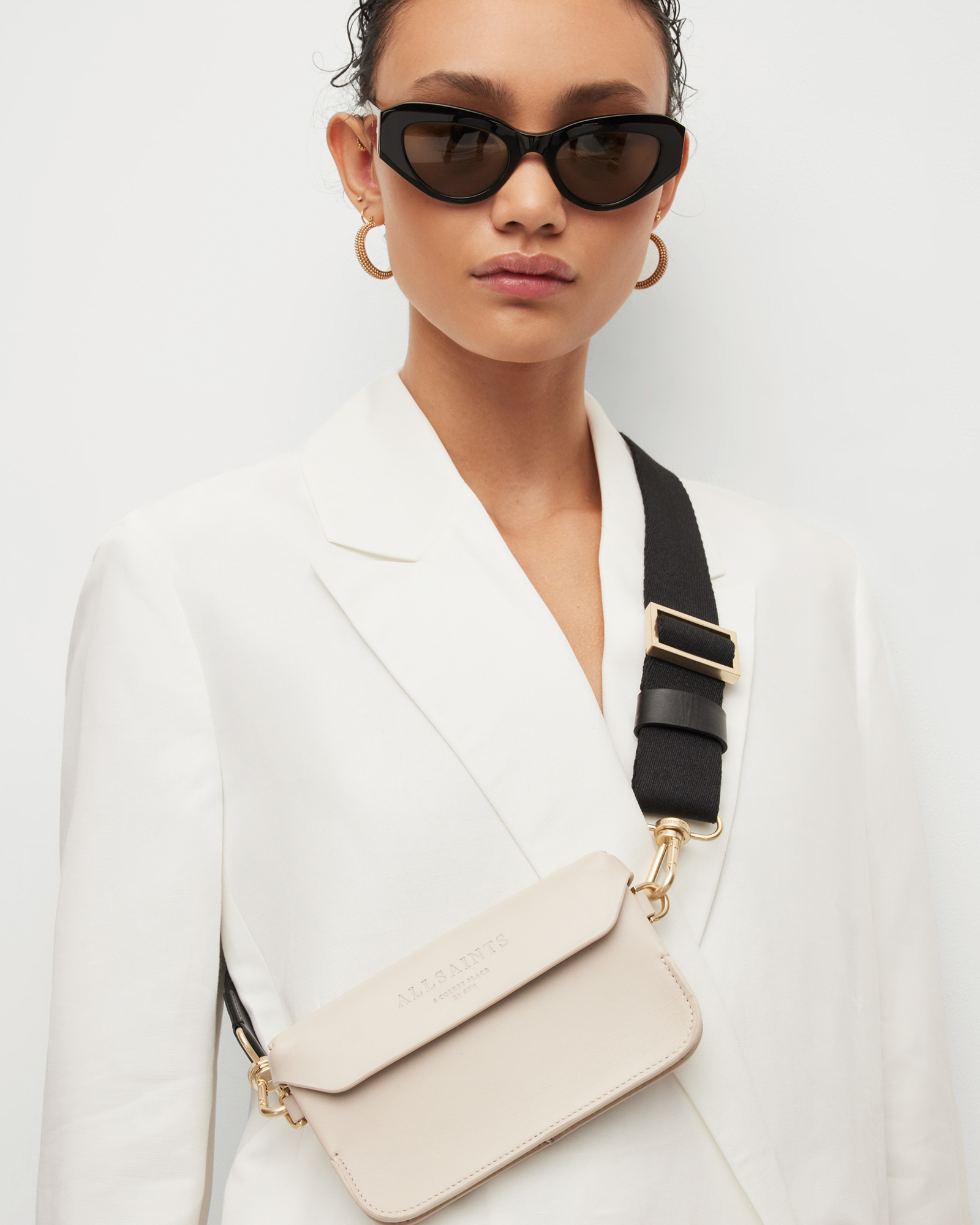 Allsaints Zoe Leather Adjustable Crossbody Bag In Ivory White