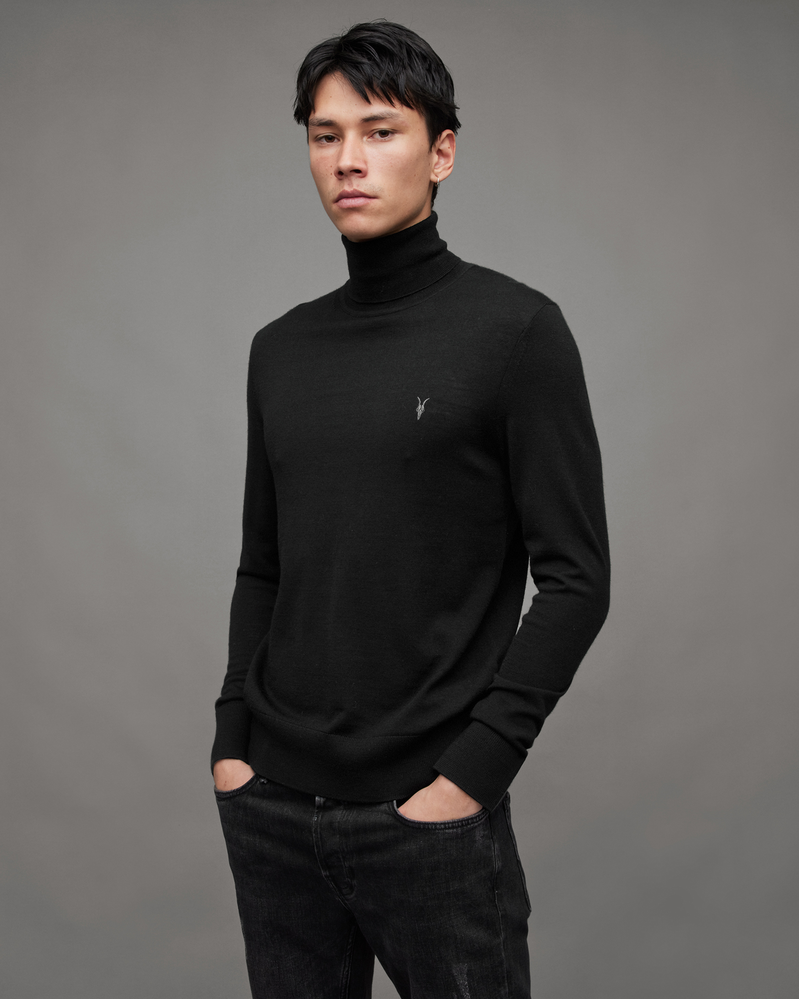 Mode Merino Roll Neck Ramskull Sweater Black | ALLSAINTS US