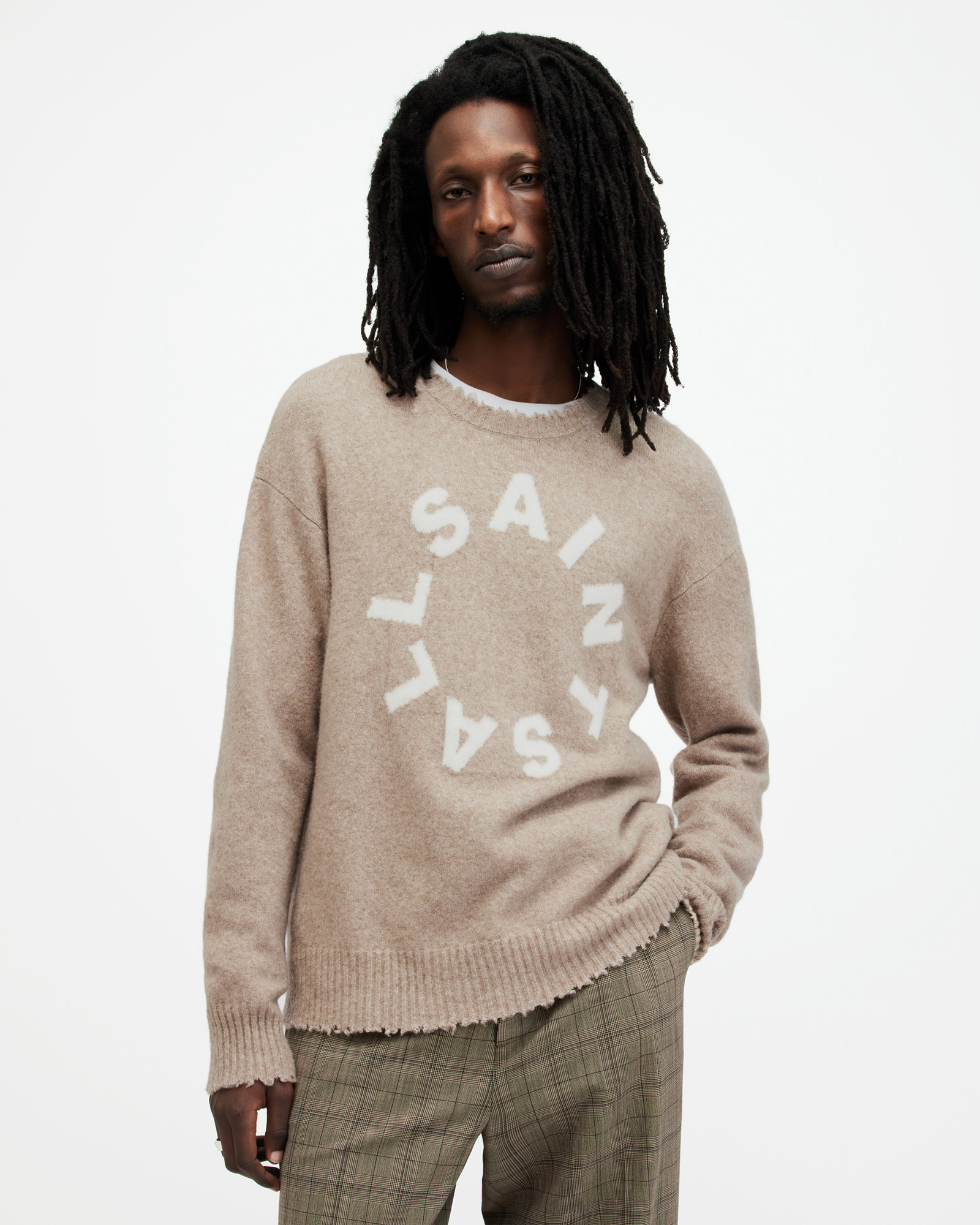 Shop Allsaints Tiago Circular Logo Relaxed Sweater In Taupe Marl