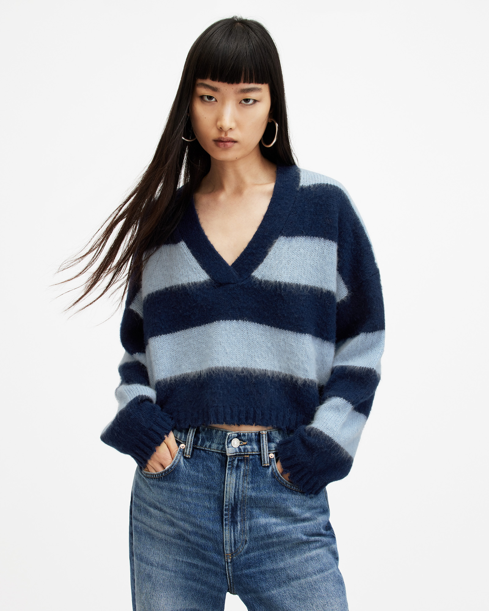 AllSaints Lou Striped Croppy V-Neck Sweater