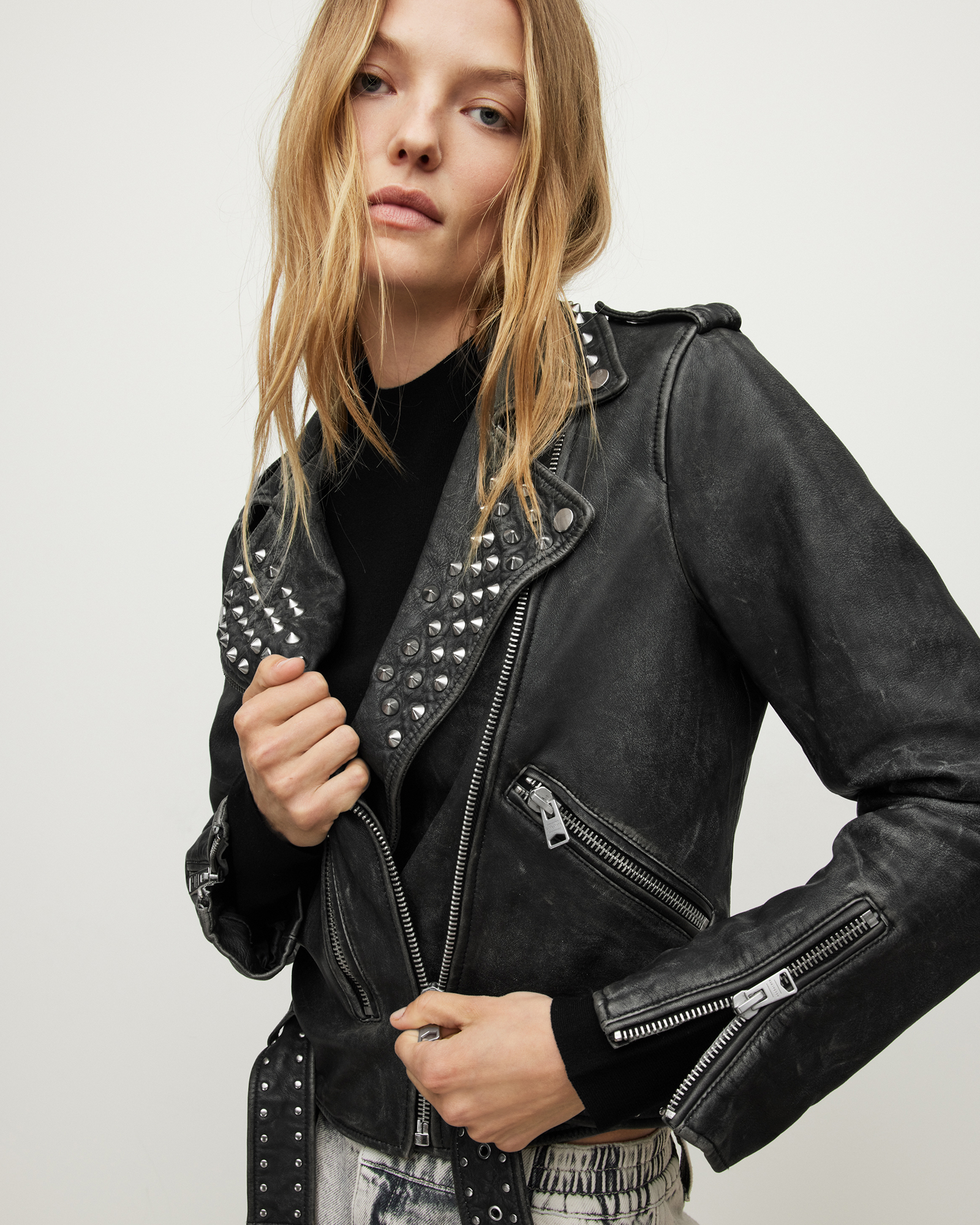 Balfern Leather Studded Biker Jacket Black | ALLSAINTS US