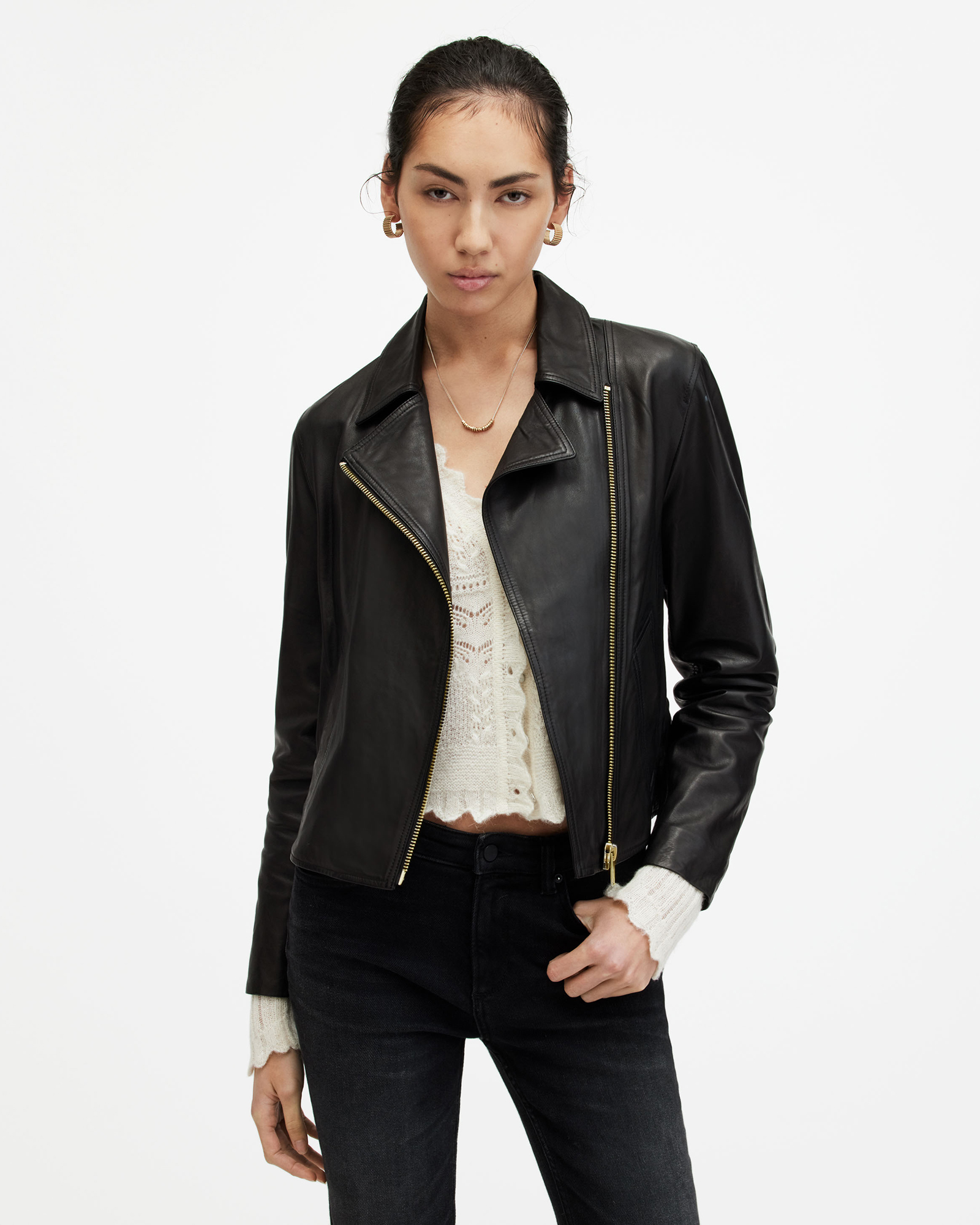 Vela Asymmetric Zip Leather Biker Jacket Black | ALLSAINTS US