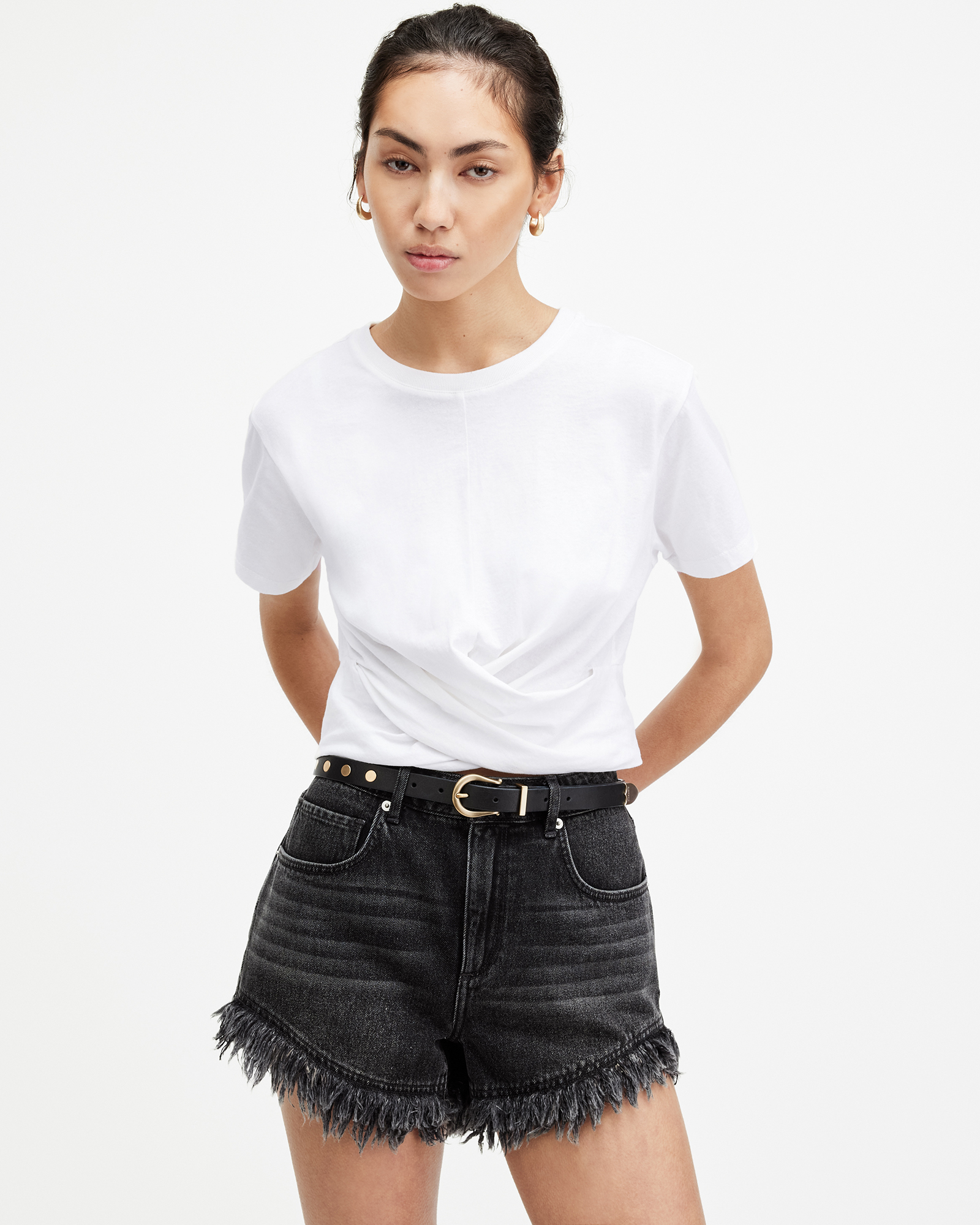 Allsaints Mallinson Cropped Slim Wrap Over T-shirt In Optic White