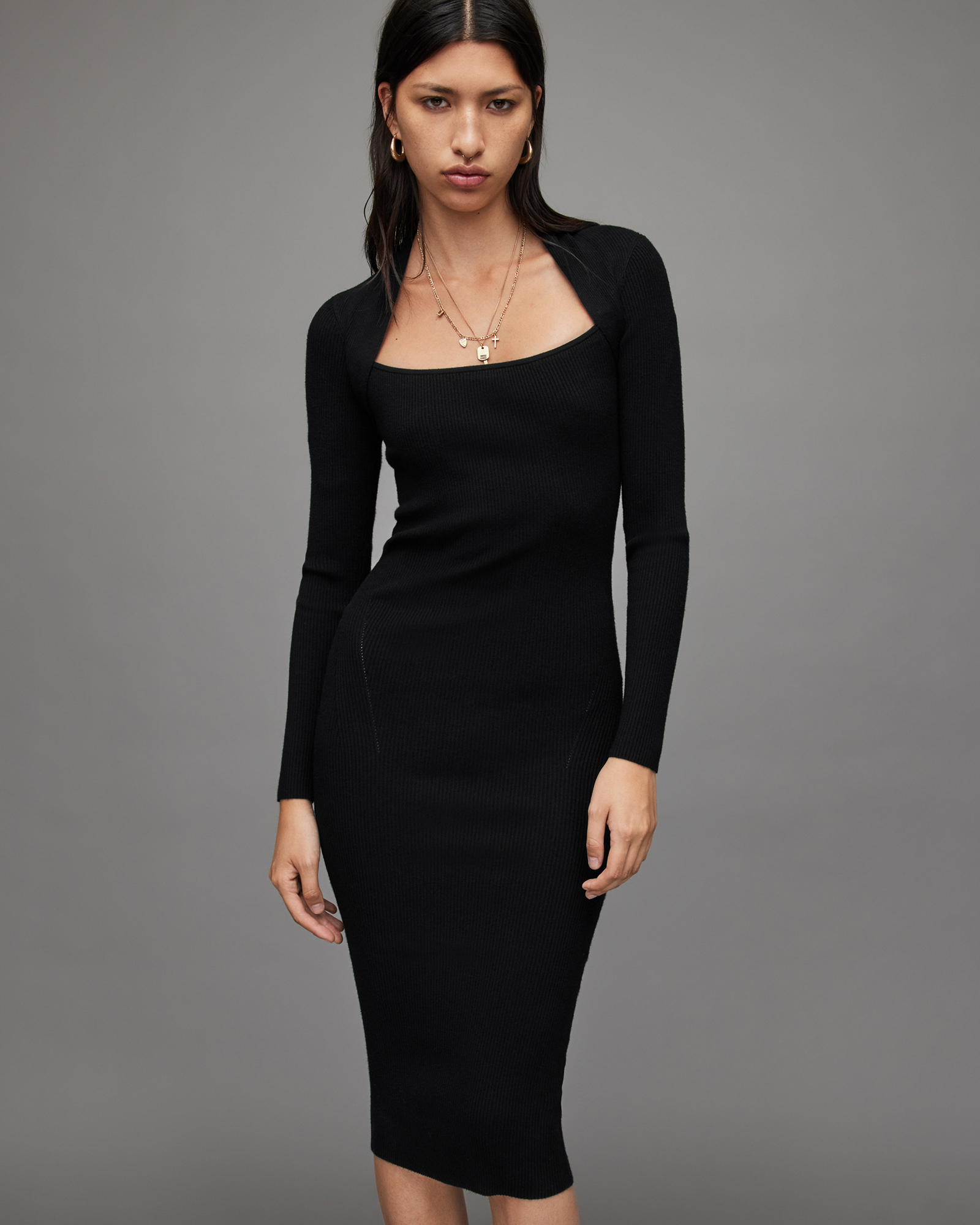 Rea Ribbed Midi Dress Black | ALLSAINTS US