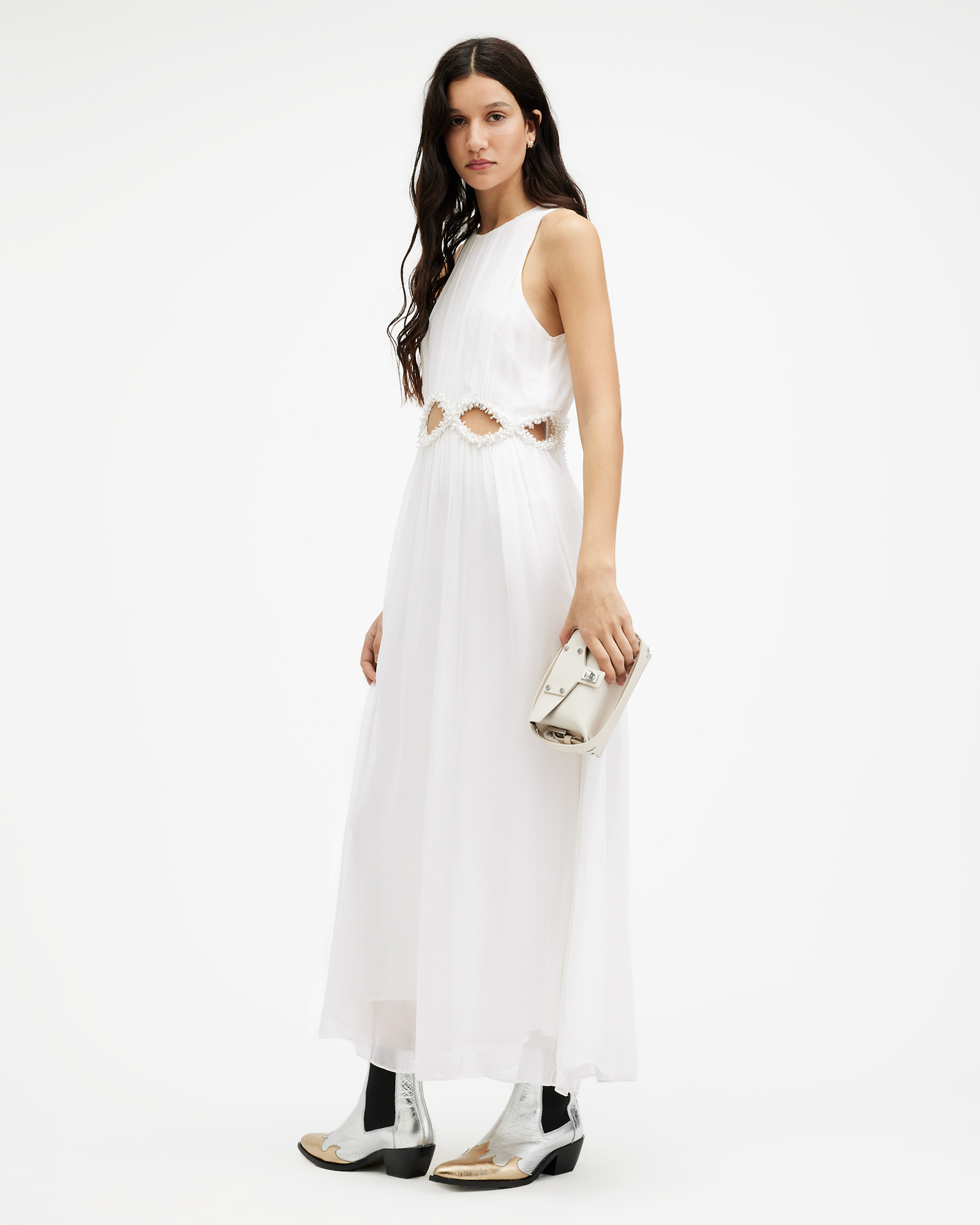 Shop Allsaints Mabel Cut Out Embellished Maxi Dress, In Off White