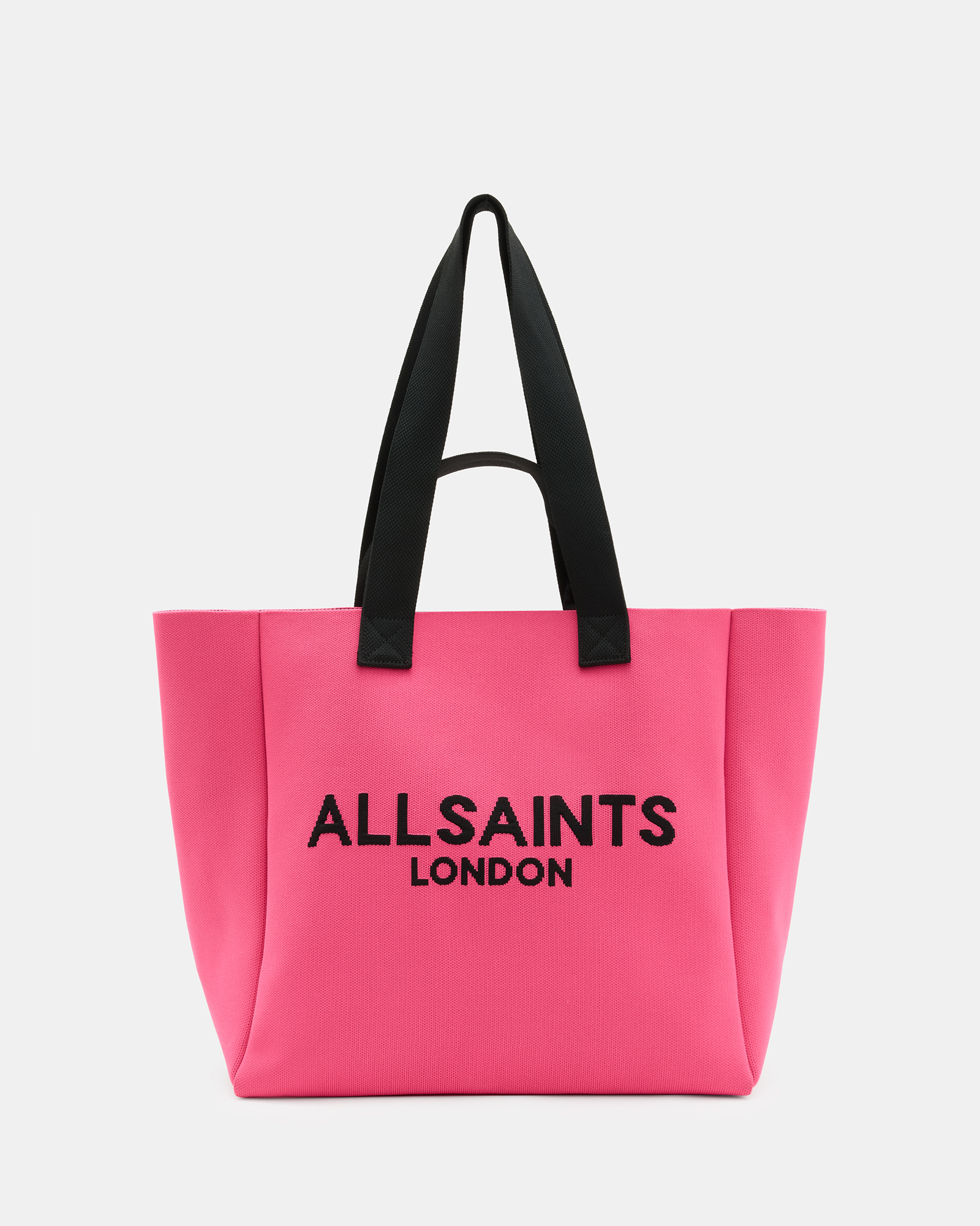 Shop Allsaints Izzy Logo Print Knitted Tote Bag In Hot Pink