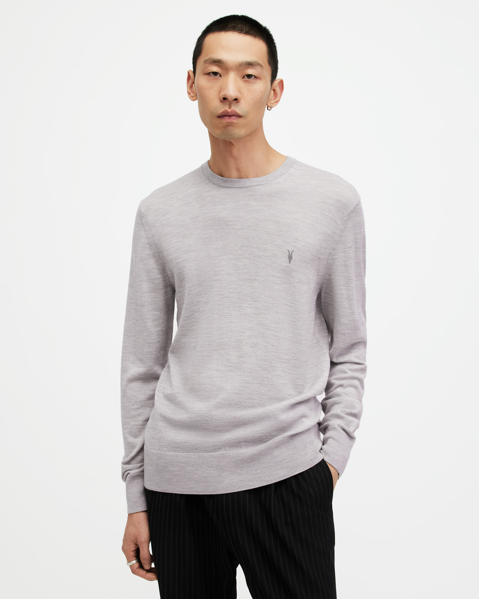 Shop Allsaints Mode Merino Crew Neck Ramskull Sweater In Cool Grey