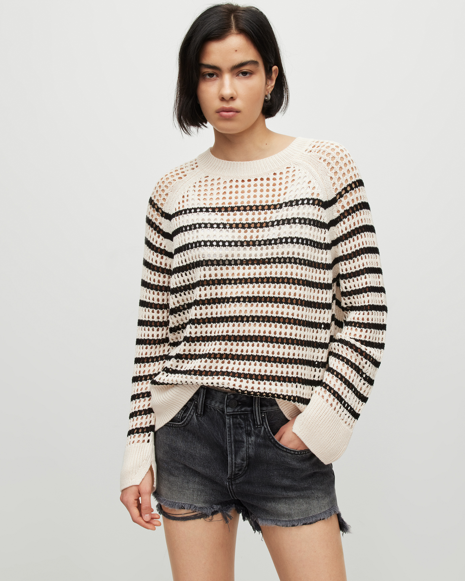 Paloma Crew Neck Stripe Mesh Sweater PAMPAS WHITE/BLACK | ALLSAINTS US